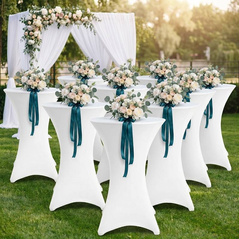 10er Set Stehtischhusse Stretch Weiß – Elastische Husse für Bistrotisch Ø 70–75 × 110 cm mit 4 Fußlaschen