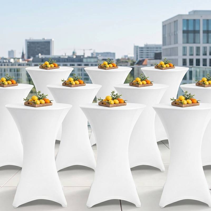 10er Set Stehtischhusse Stretch Weiß – Elastische Husse für Bistrotisch Ø 80–85 × 110 cm mit 4 Fußlaschen