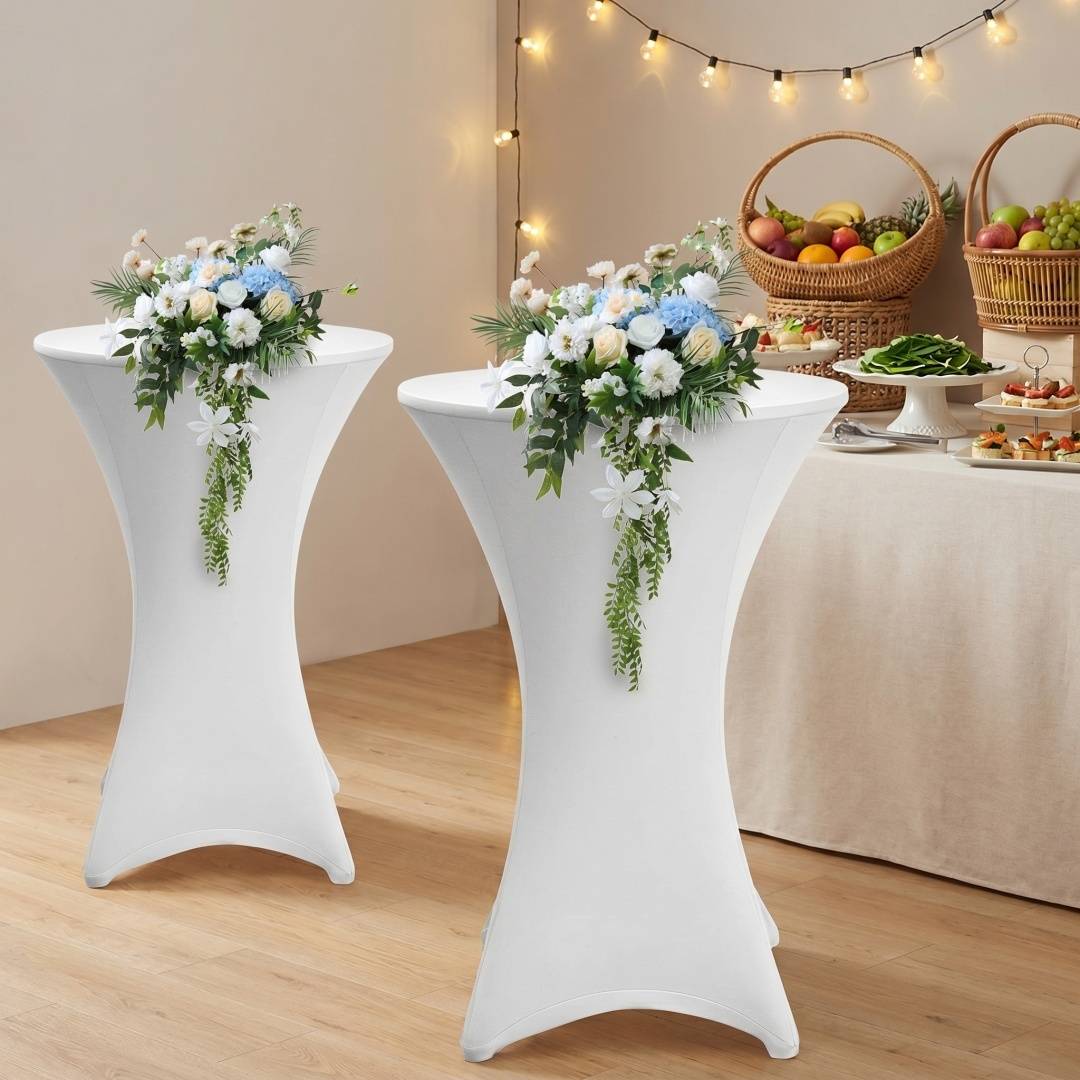 2× Stehtischhusse Stretch Weiß Ø 60×110 cm – Elastischer Bistrotisch Überzug für Events & Feiern