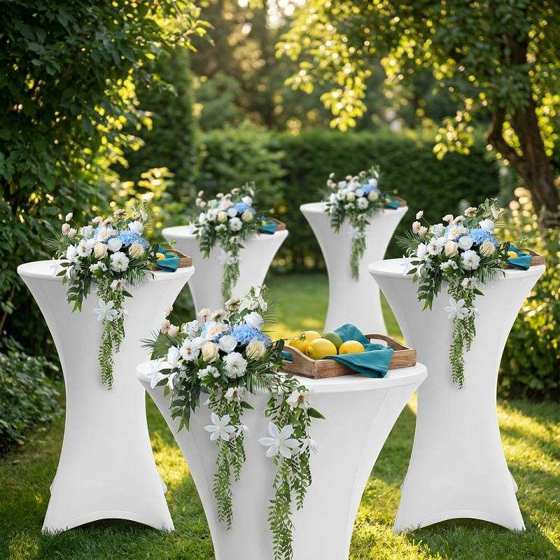 2× Stehtischhusse Stretch Weiß elastischer Bistrotisch Überzug, ø 80×110 cm