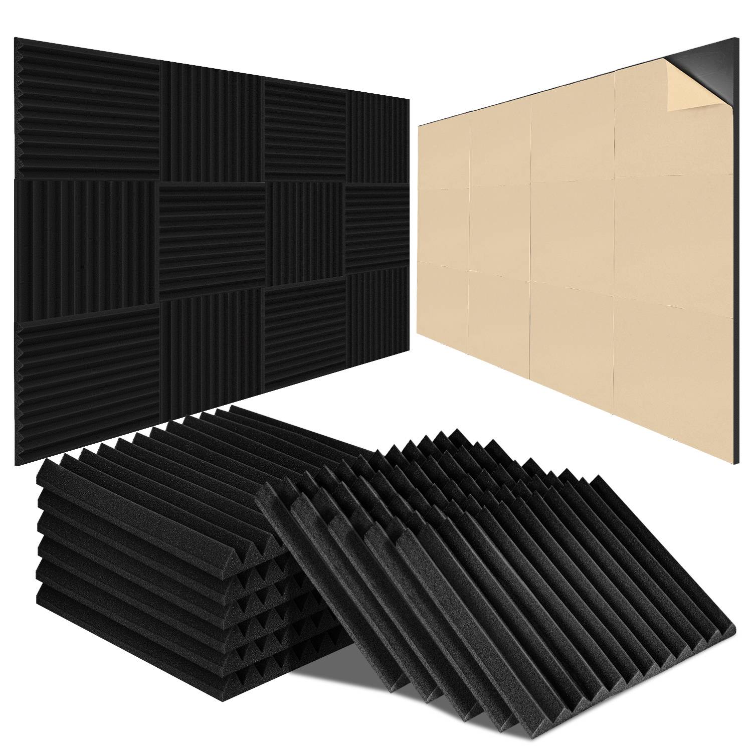 Akustikschaumstoff Selbstklebend 24 Stück, Dreiecksrillen 30x30x2,5cm Schwarz