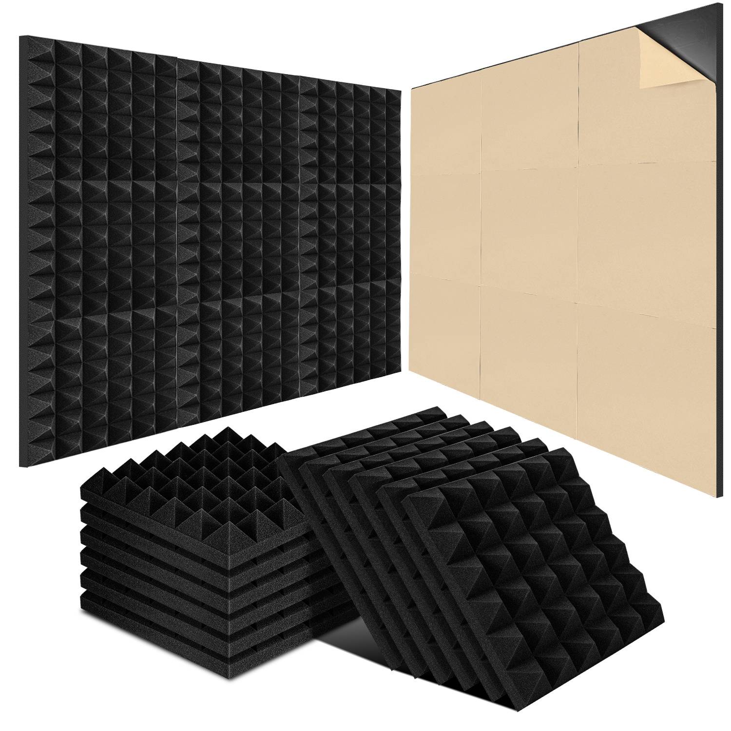Akustikschaumstoff Selbstklebend 24 Stück, Pyramide 30x30x5cm Schwarz