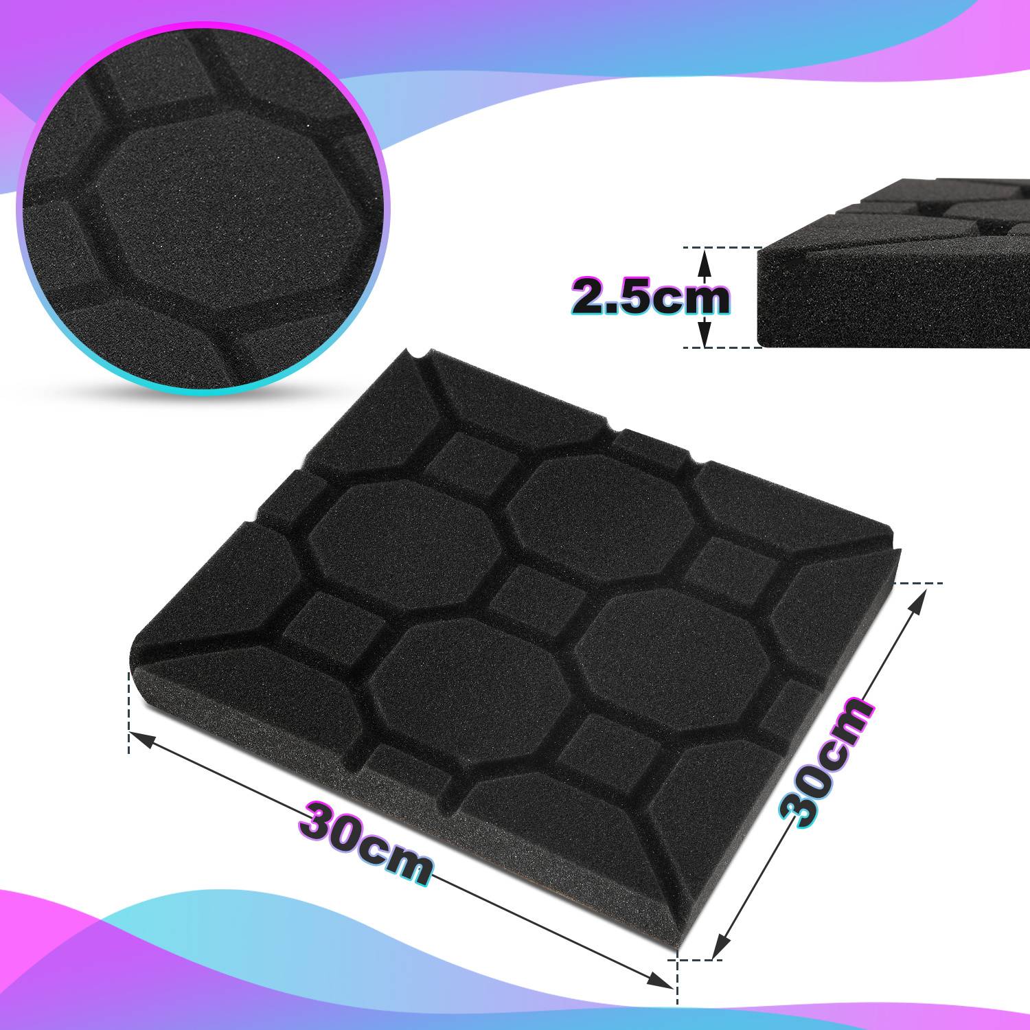 72 Stück Akustikschaumstoff Akustikschaum Matten 30 x 30 x 2.5cm Schalldämmmatten zur effektiven Schaumstoff Fliesen Würfelprofil Schwarz