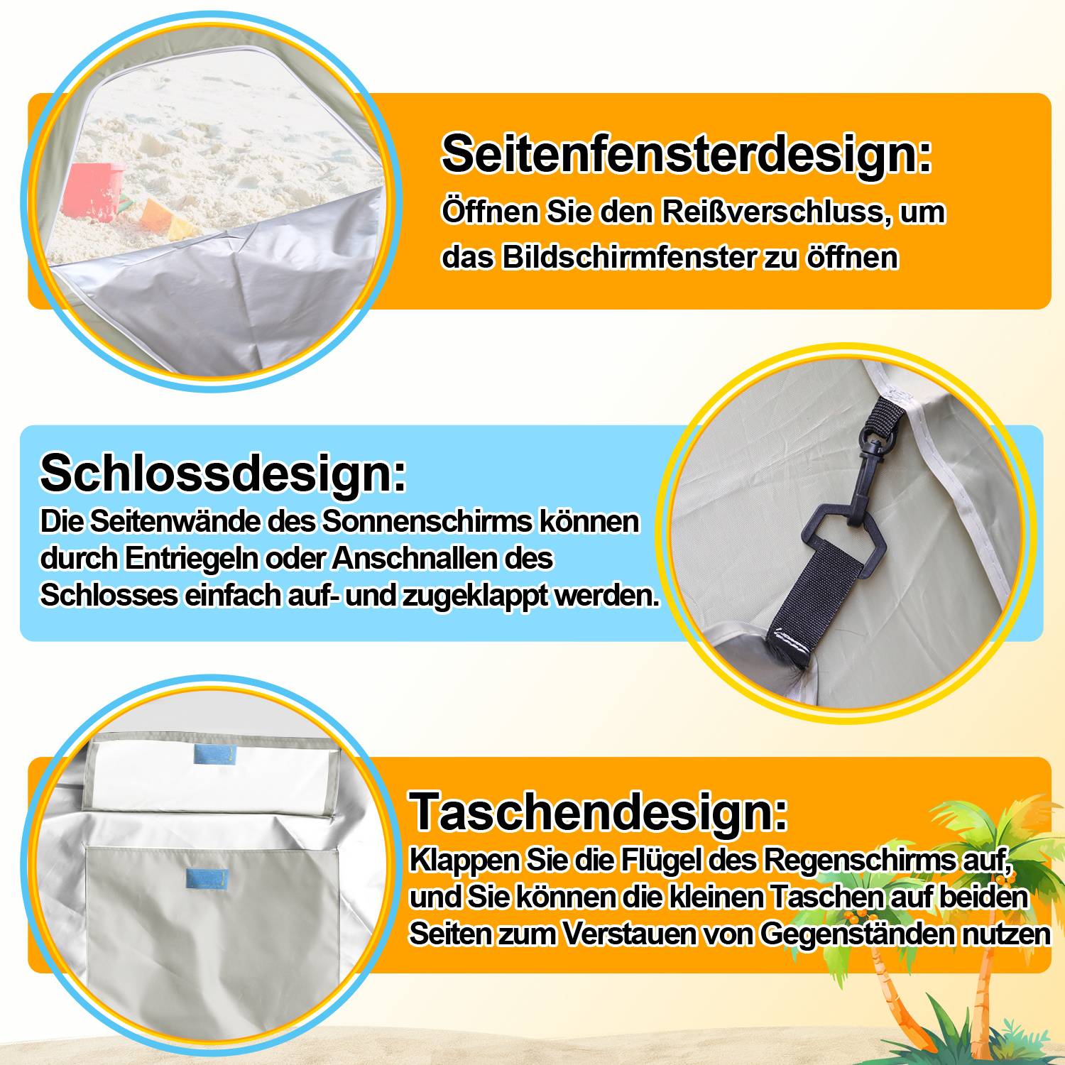 Strandschirm 210 cm mit Tragetasche, UV50+ Sonnenschutz, neigbar, leichter Gartenschirm für Strand Camping Terrasse Beige