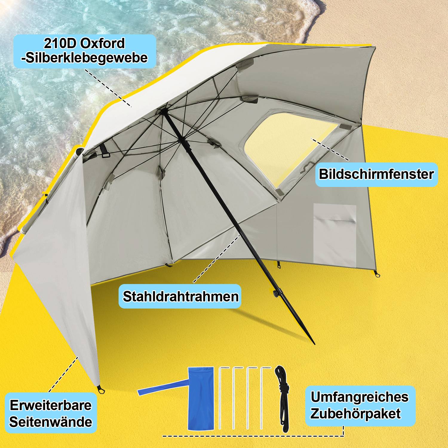 Strandschirm 210 cm mit Tragetasche, UV50+ Sonnenschutz, neigbar, leichter Gartenschirm für Strand Camping Terrasse Beige