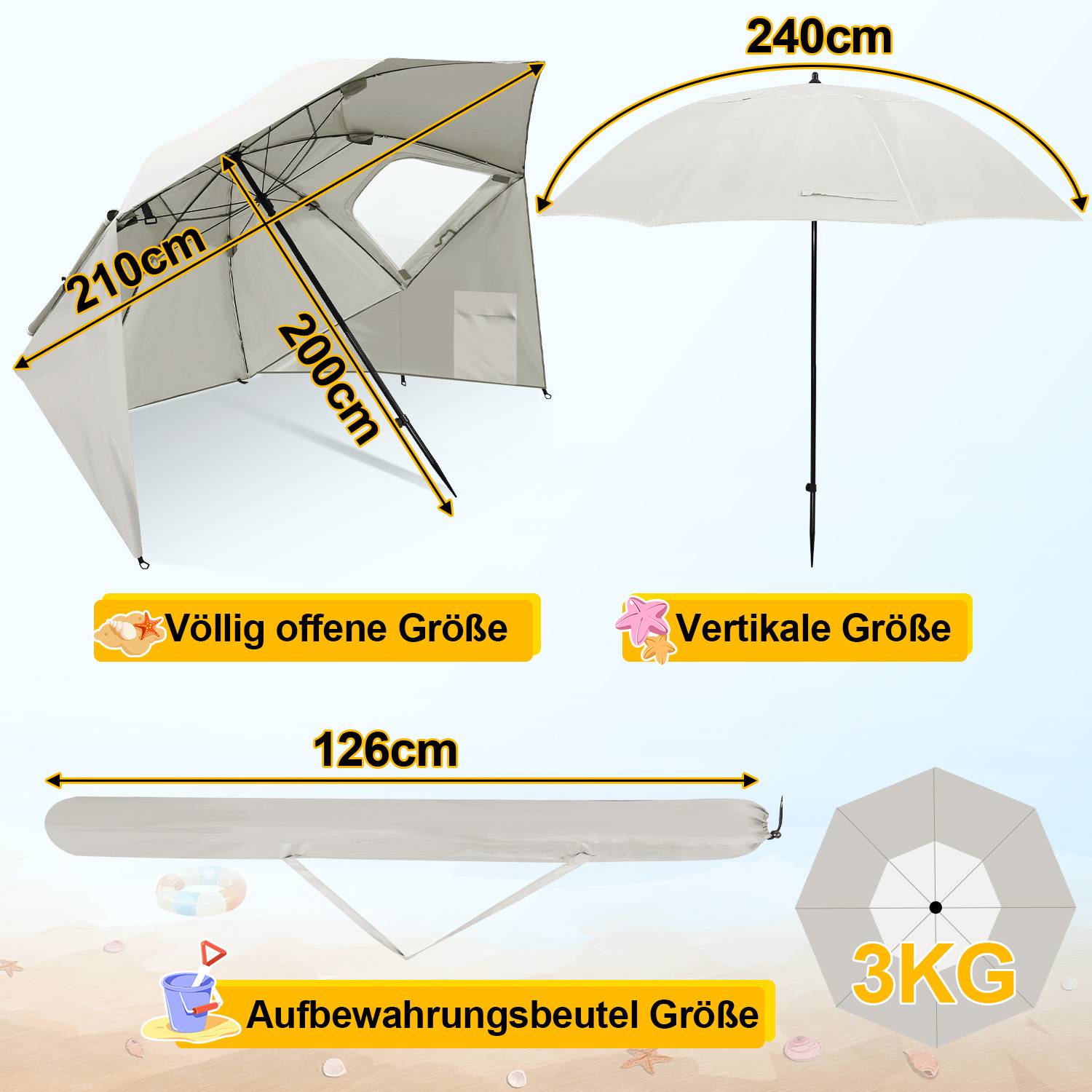 Strandschirm 210 cm mit Tragetasche, UV50+ Sonnenschutz, neigbar, leichter Gartenschirm für Strand Camping Terrasse Beige