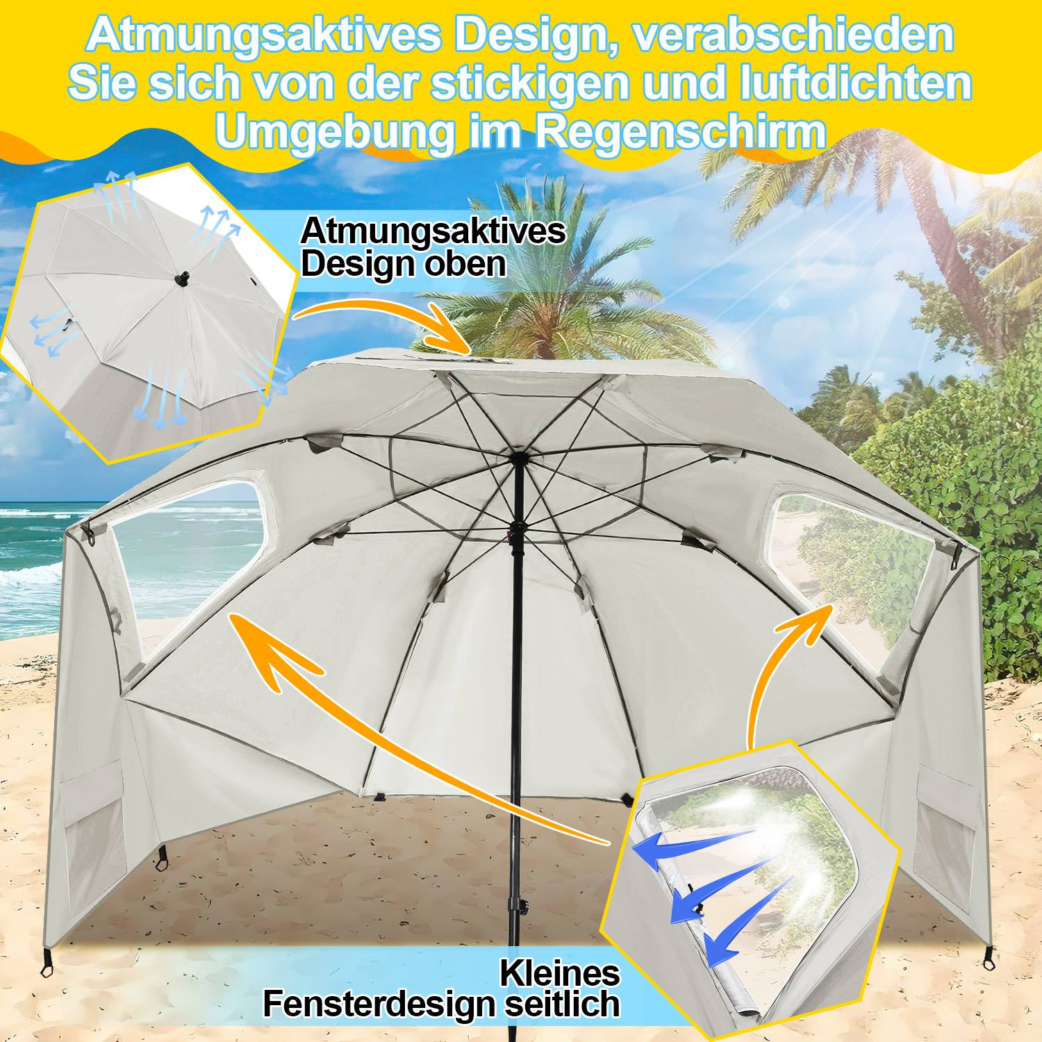 Sonnenschirm 210 cm UPF 50+, tragbarer Strandschirm, neigbar & wasserabweisend für Strand Balkon Garten Urlaub Beige