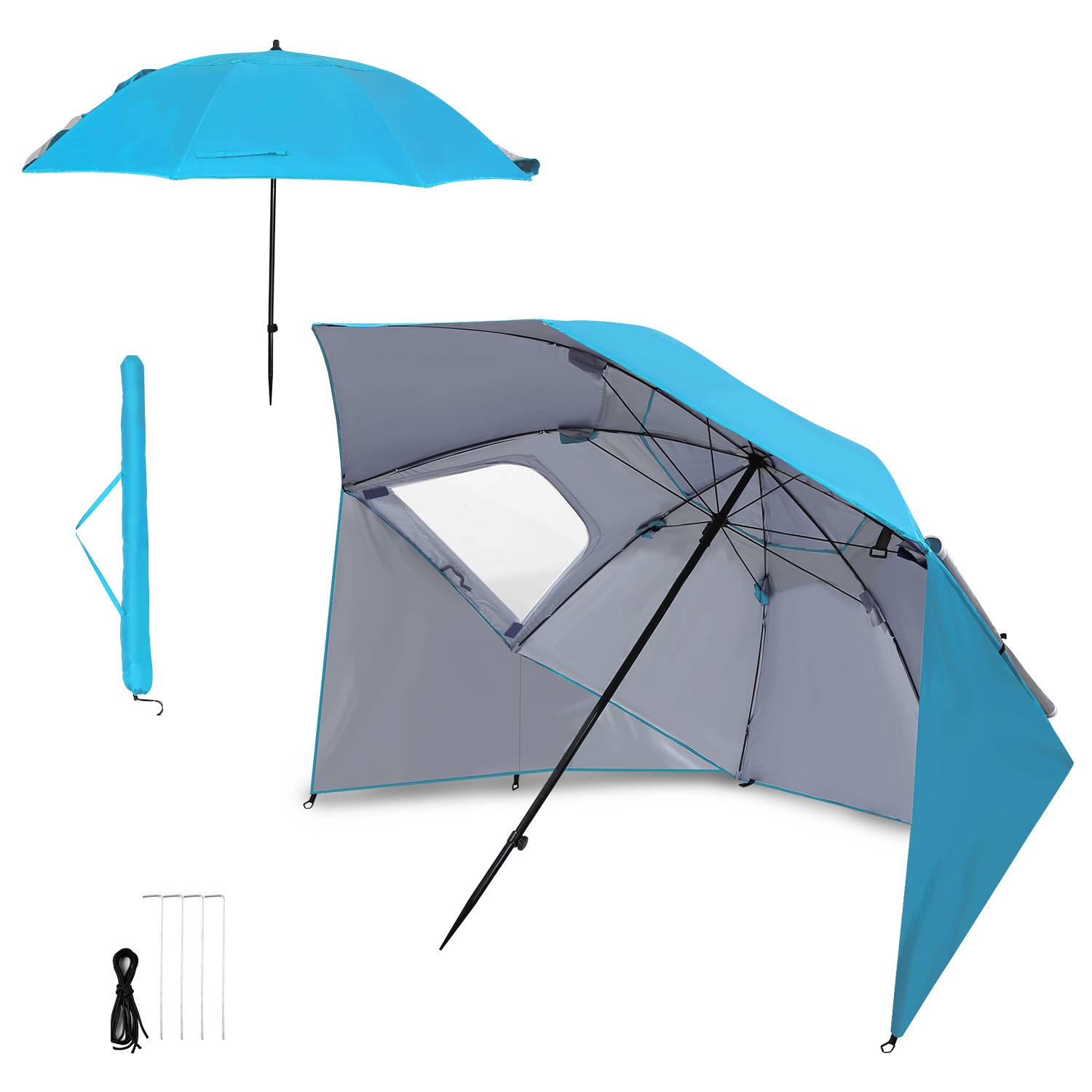 Strandschirm 210 cm UV Schutz 50+, wasserabweisend mit Tragetasche für Strand Garten Camping Himmelblau