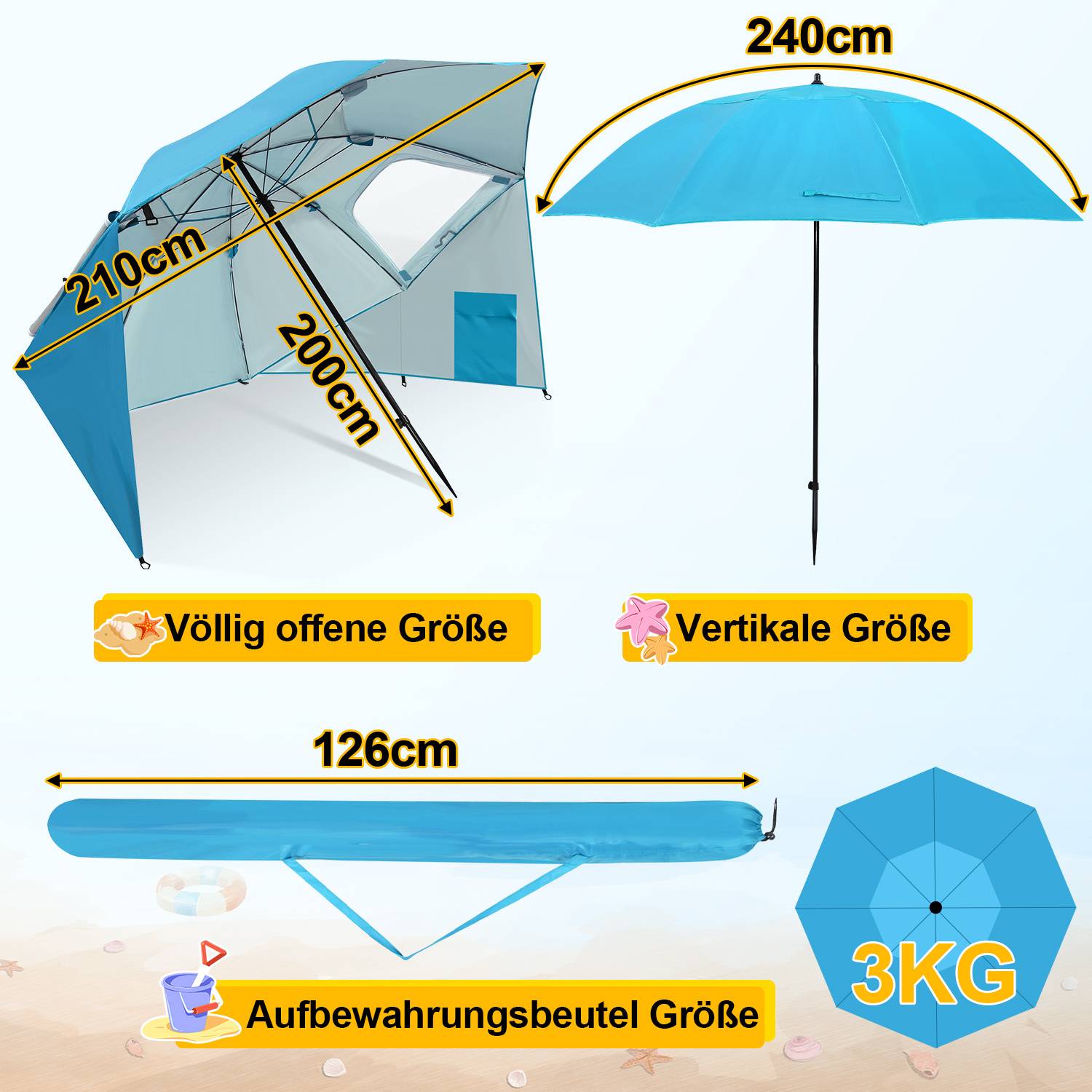 Strandschirm 210 cm UV Schutz 50+, wasserabweisend mit Tragetasche für Strand Garten Camping Himmelblau