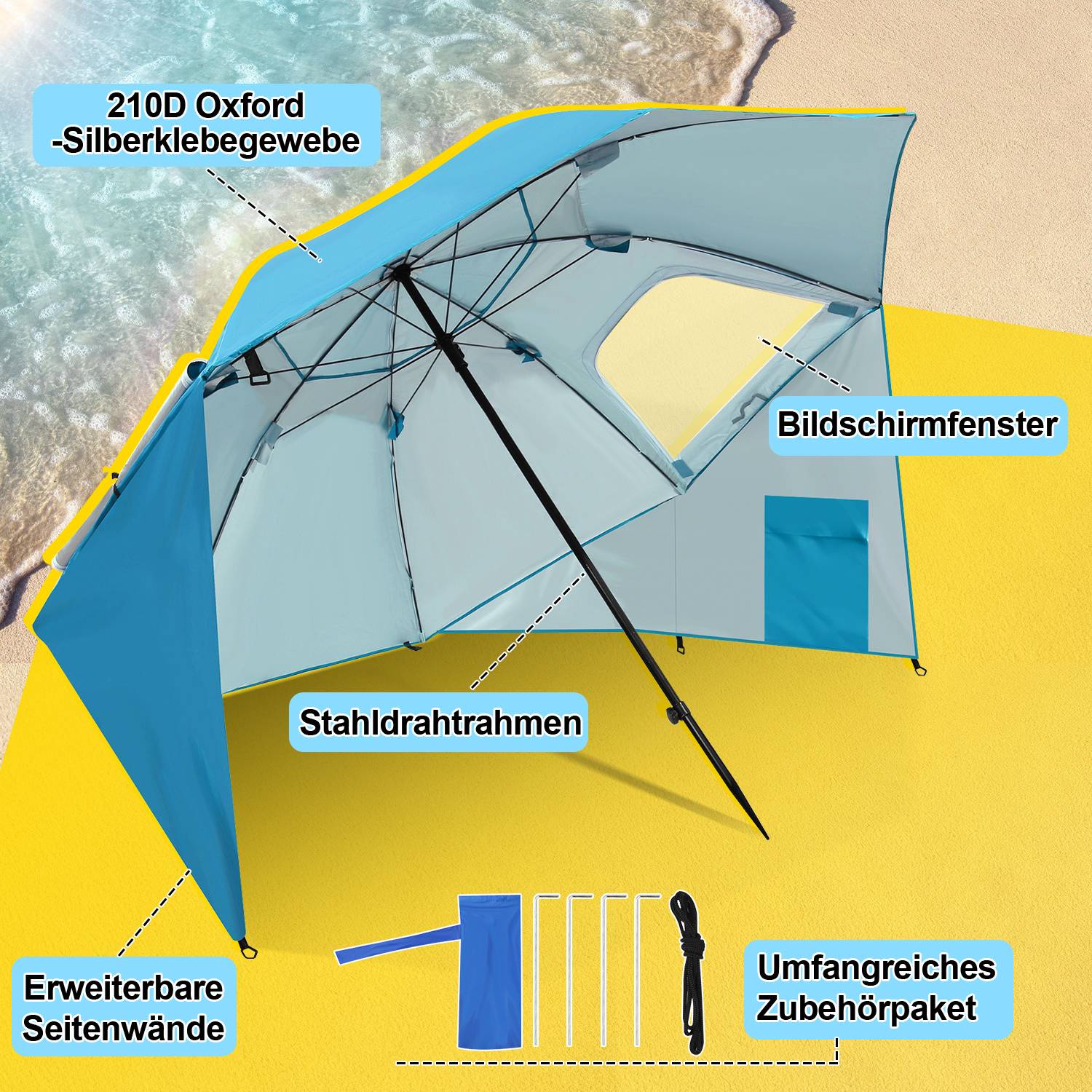 Strandschirm 210 cm UV Schutz 50+, wasserabweisend mit Tragetasche für Strand Garten Camping Himmelblau