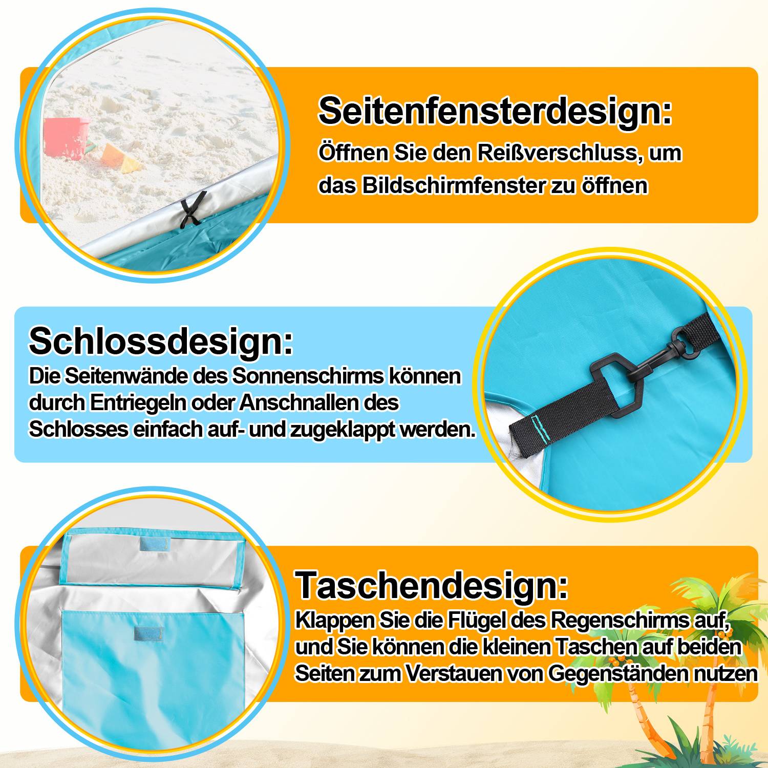 Strandschirm 210 cm UV Schutz 50+, wasserabweisend mit Tragetasche für Strand Garten Camping Himmelblau