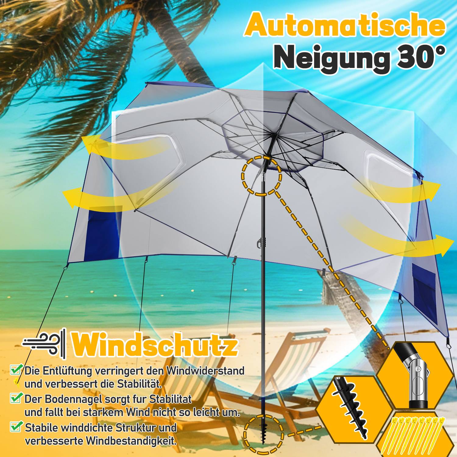 Sonnenschirm 210 cm UV50+ mit Schraub-Erdspieß, windstabiler Strandschirm, neigbar & tragbar für Strand Balkon Garten Blau