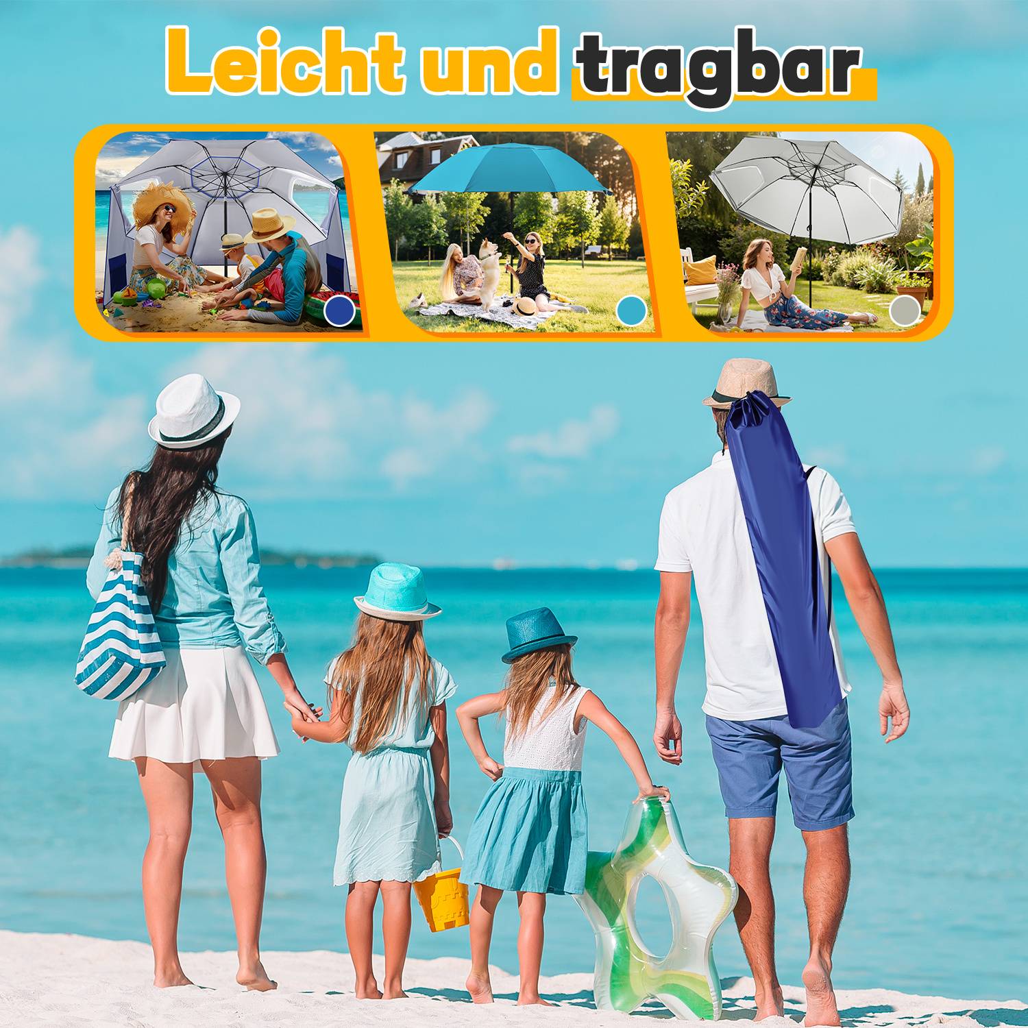 Sonnenschirm 210 cm UV50+ mit Schraub-Erdspieß, windstabiler Strandschirm, neigbar & tragbar für Strand Balkon Garten Blau