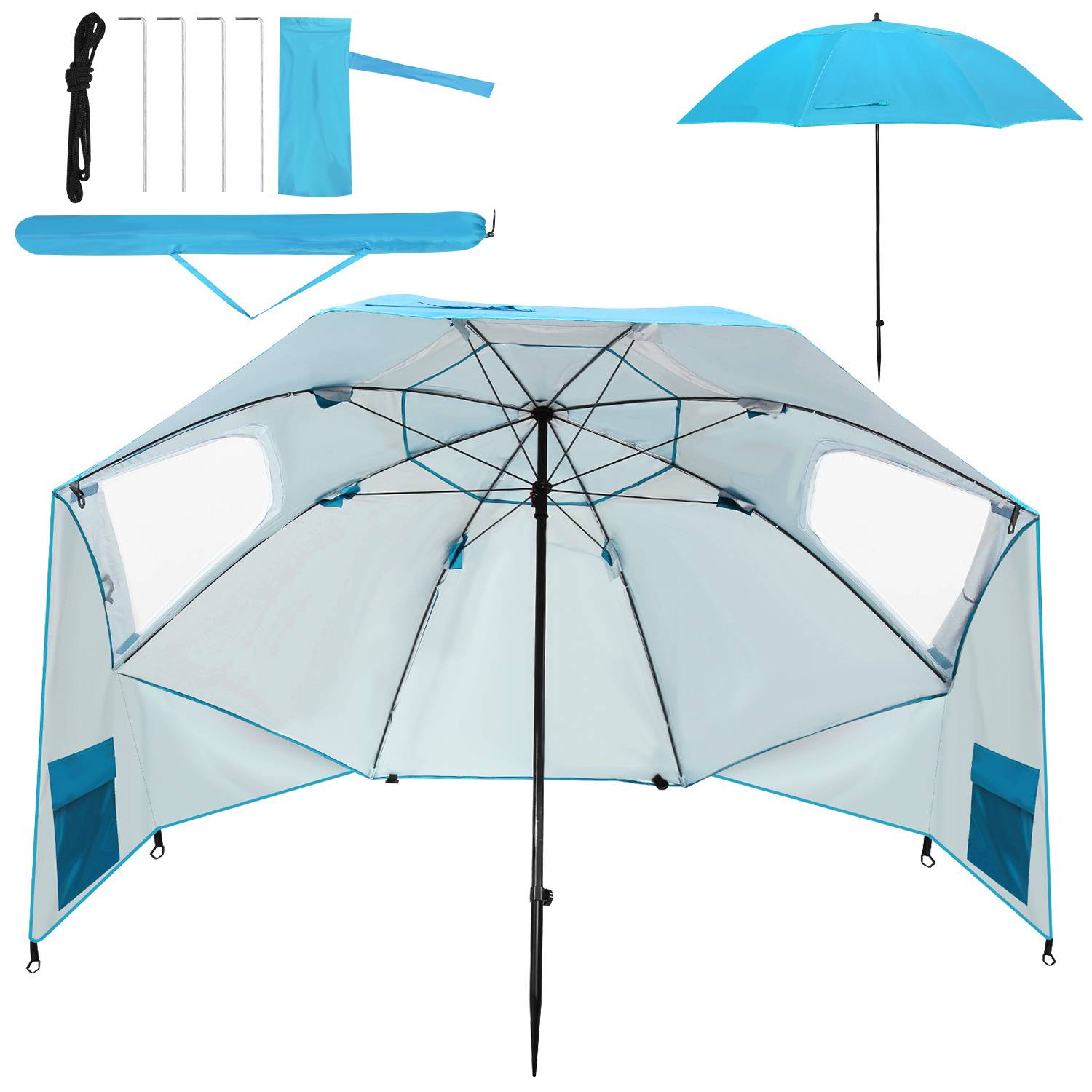 Sonnenschirm 210 cm UPF 50+, tragbarer Strandschirm, neigbar & wasserabweisend für Strand Balkon Garten Urlaub Himmelblau