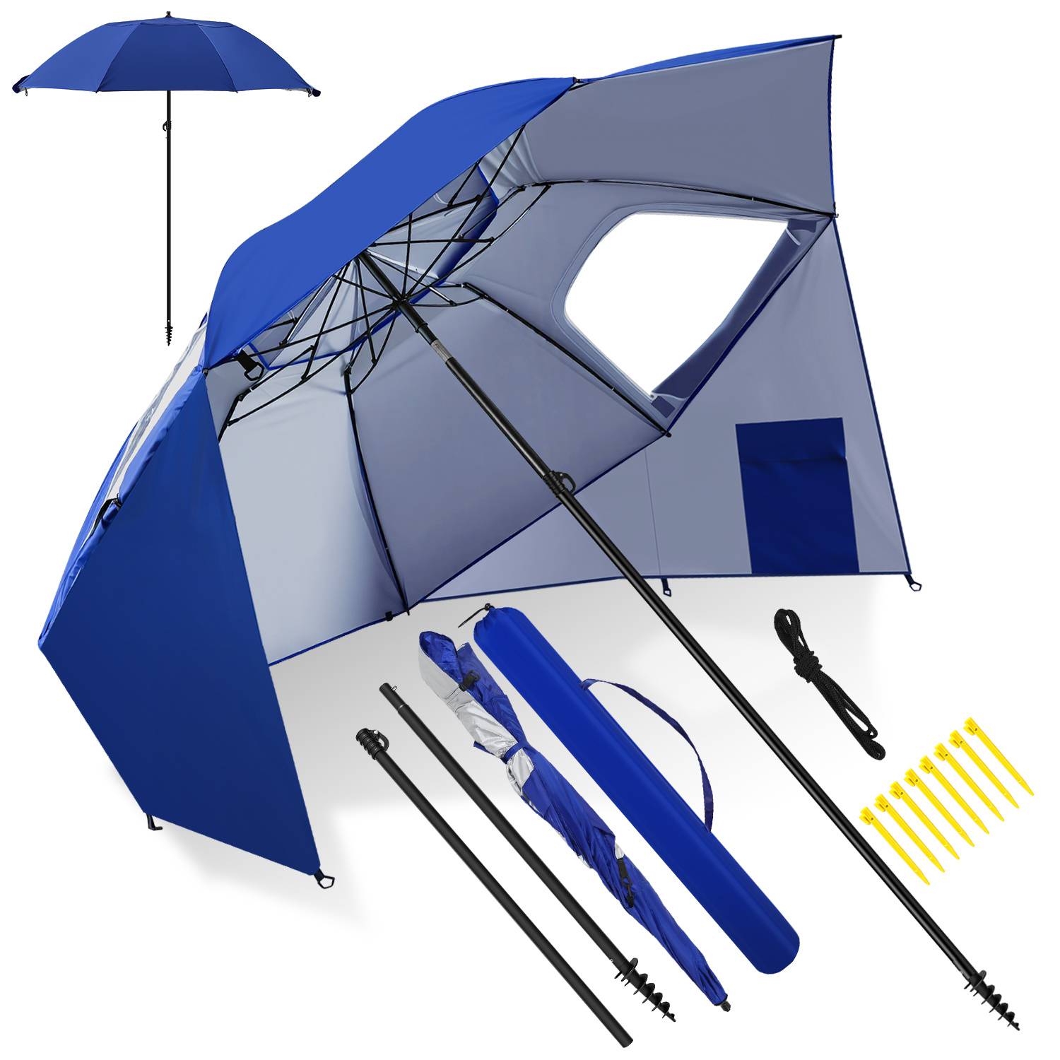 Sonnenschirm 210 cm UV50+ mit Schraub-Erdspieß, windstabiler Strandschirm, neigbar & tragbar für Strand Balkon Garten Blau