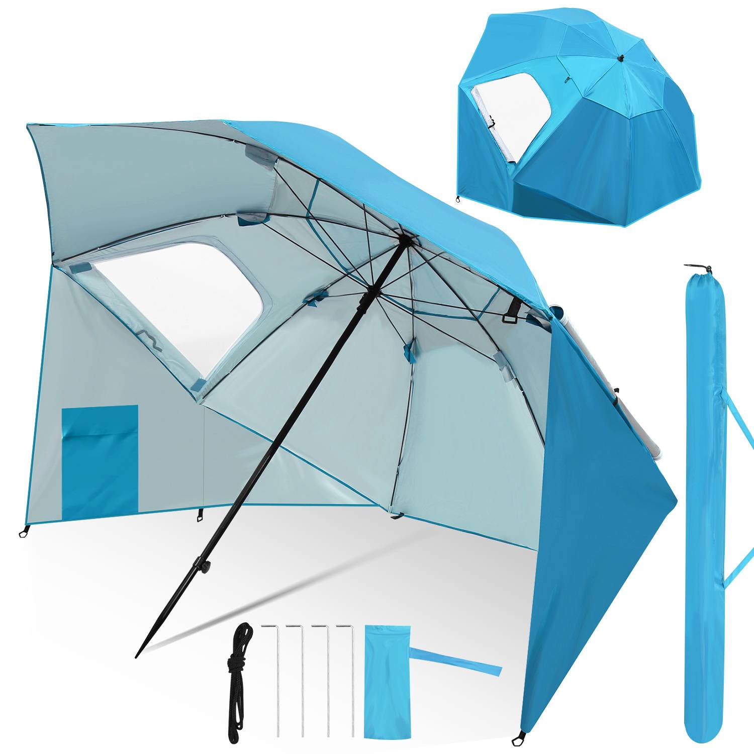 Strandschirm 210 cm mit Tragetasche, UV50+ Sonnenschutz, neigbar, leichter Gartenschirm für Strand Camping Terrasse Himmelblau