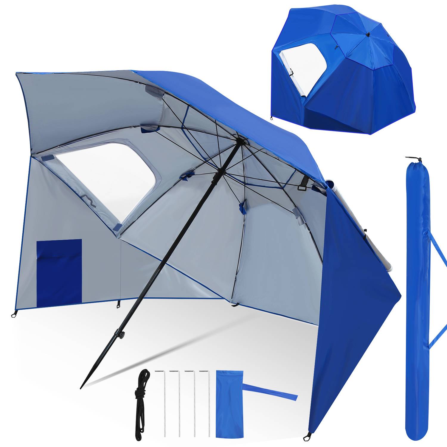 Strandschirm 210 cm mit Tragetasche, UV50+ Sonnenschutz, neigbar, leichter Gartenschirm für Strand Camping Terrasse Blau