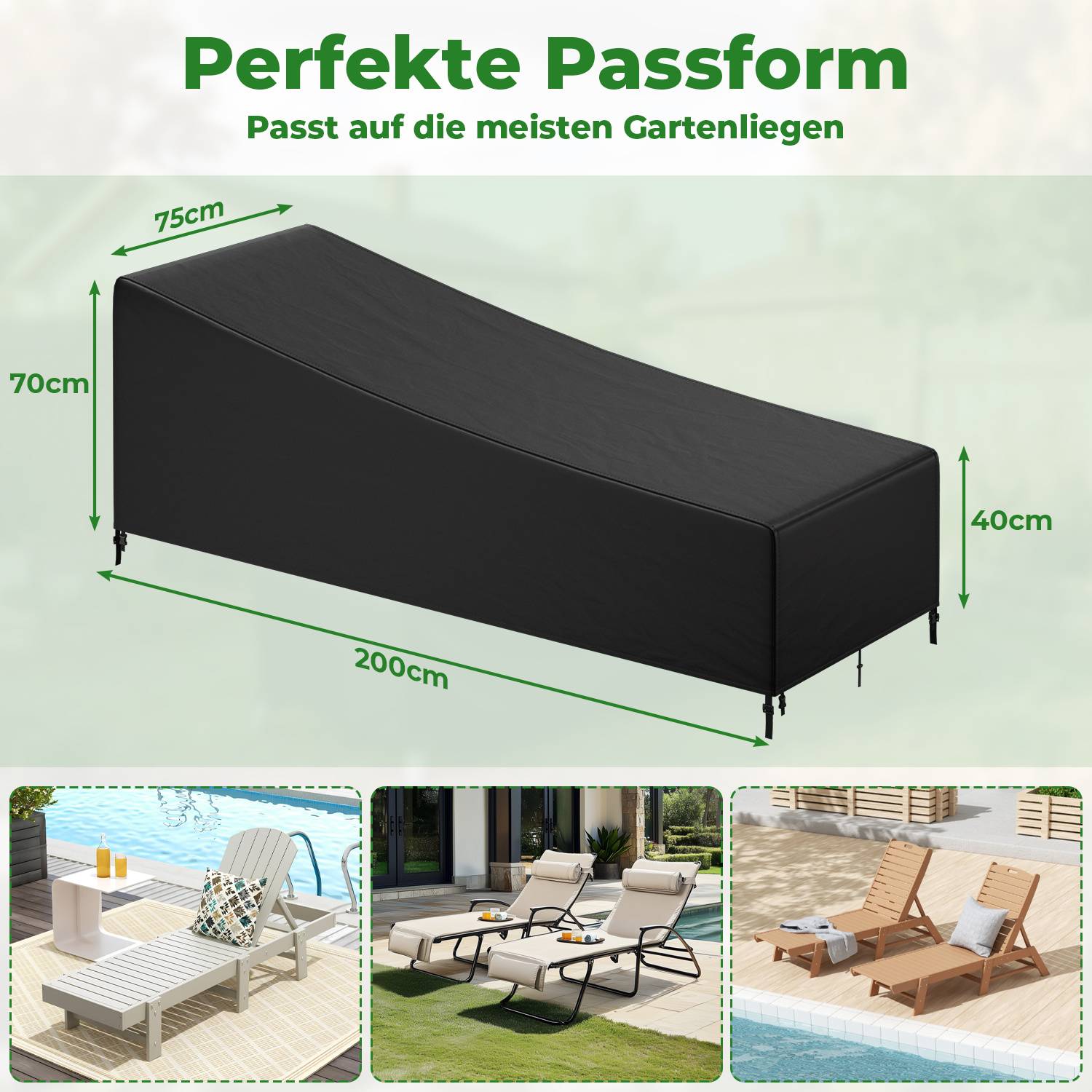 Gartenmöbel Schutzhülle für Sonnenliege 200×75×40/70 cm, 420D Oxford Abdeckung Wasserdicht, UV-Schutz, Schwarz/Silber, mit 4 Befestigungsbändern