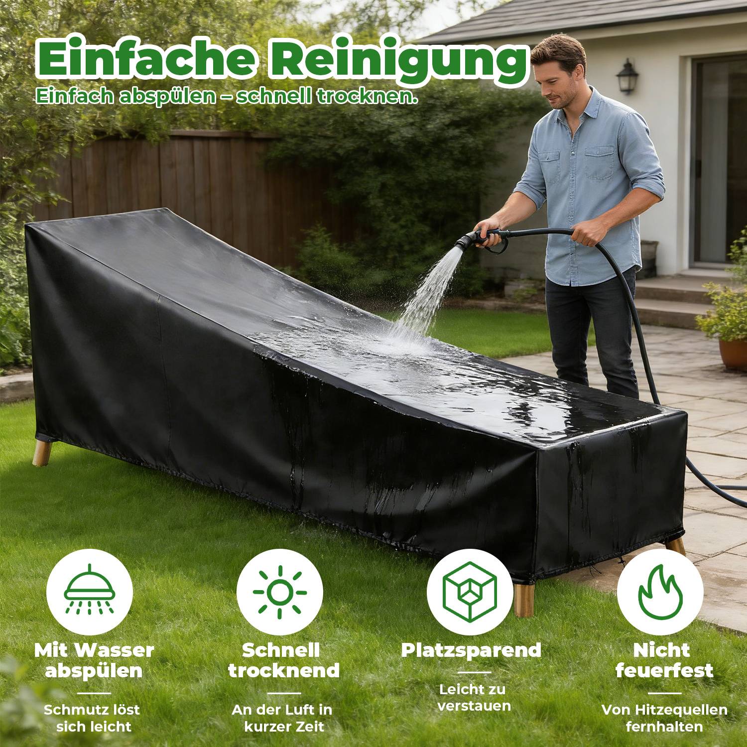 Gartenmöbel Schutzhülle für Sonnenliege 200×75×40/70 cm, 420D Oxford Abdeckung Wasserdicht, UV-Schutz, Schwarz/Silber, mit 4 Befestigungsbändern