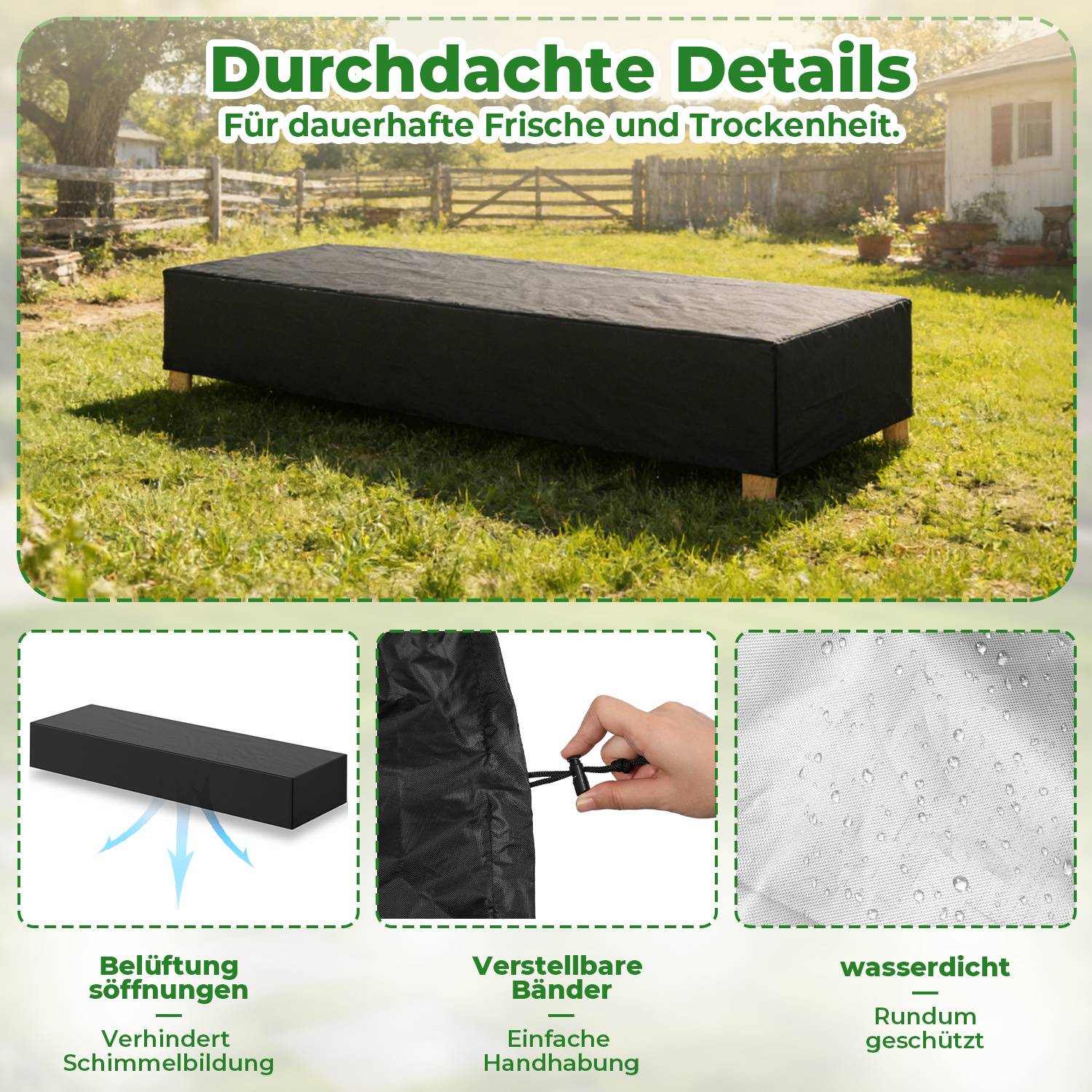 Sonnenliege Abdeckung 200×68×30 cm, Wetterfeste Gartenliege Schutzhülle aus 420D Oxford, Wasserdicht, UV-beständig, Schwarz/Silber