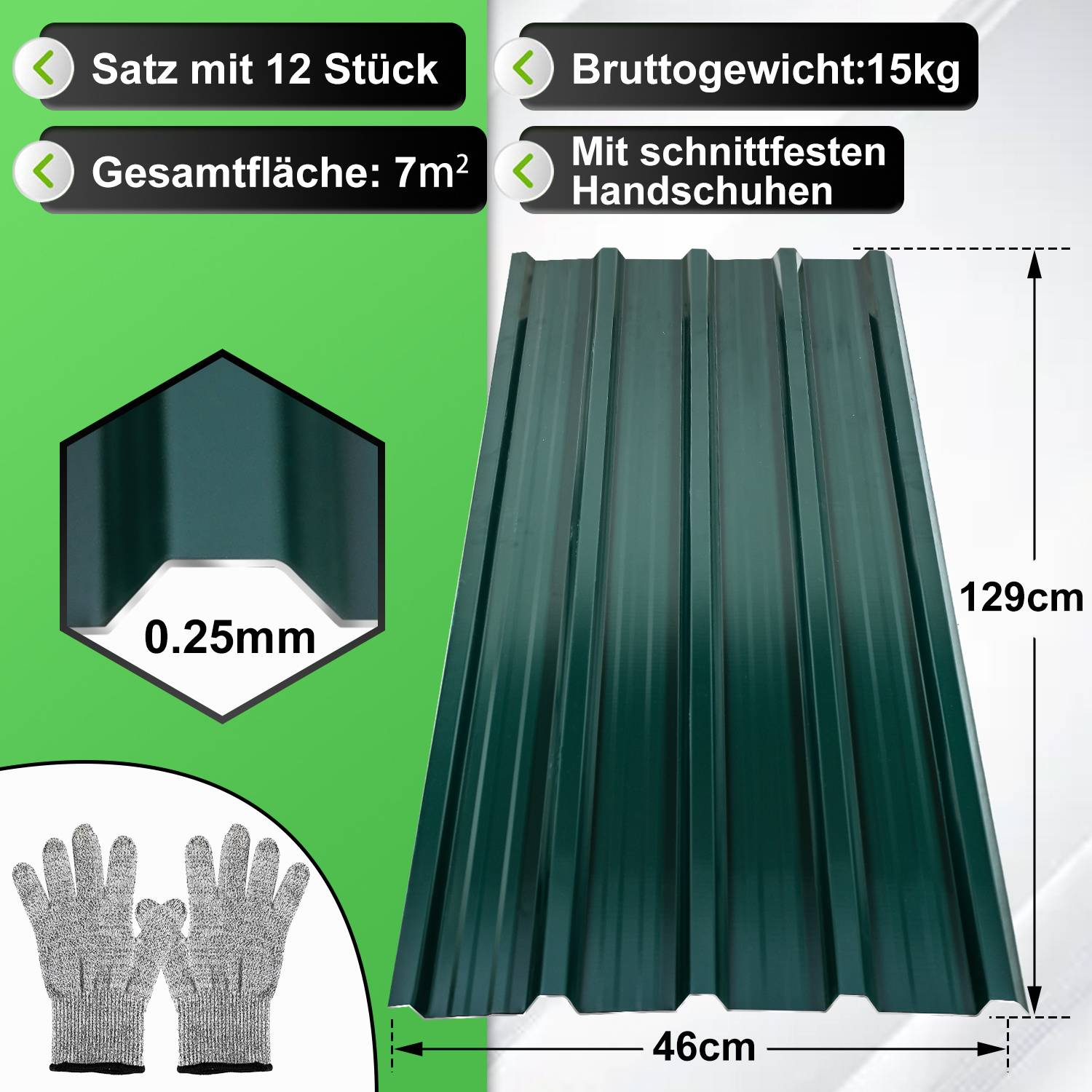 12x Profilblech Trapezblech Dachblech, Verzinktes Stahlblech - Wellenprofil in Grün, Stahl Außenbereich Dachplatten, für Dächer, Carports