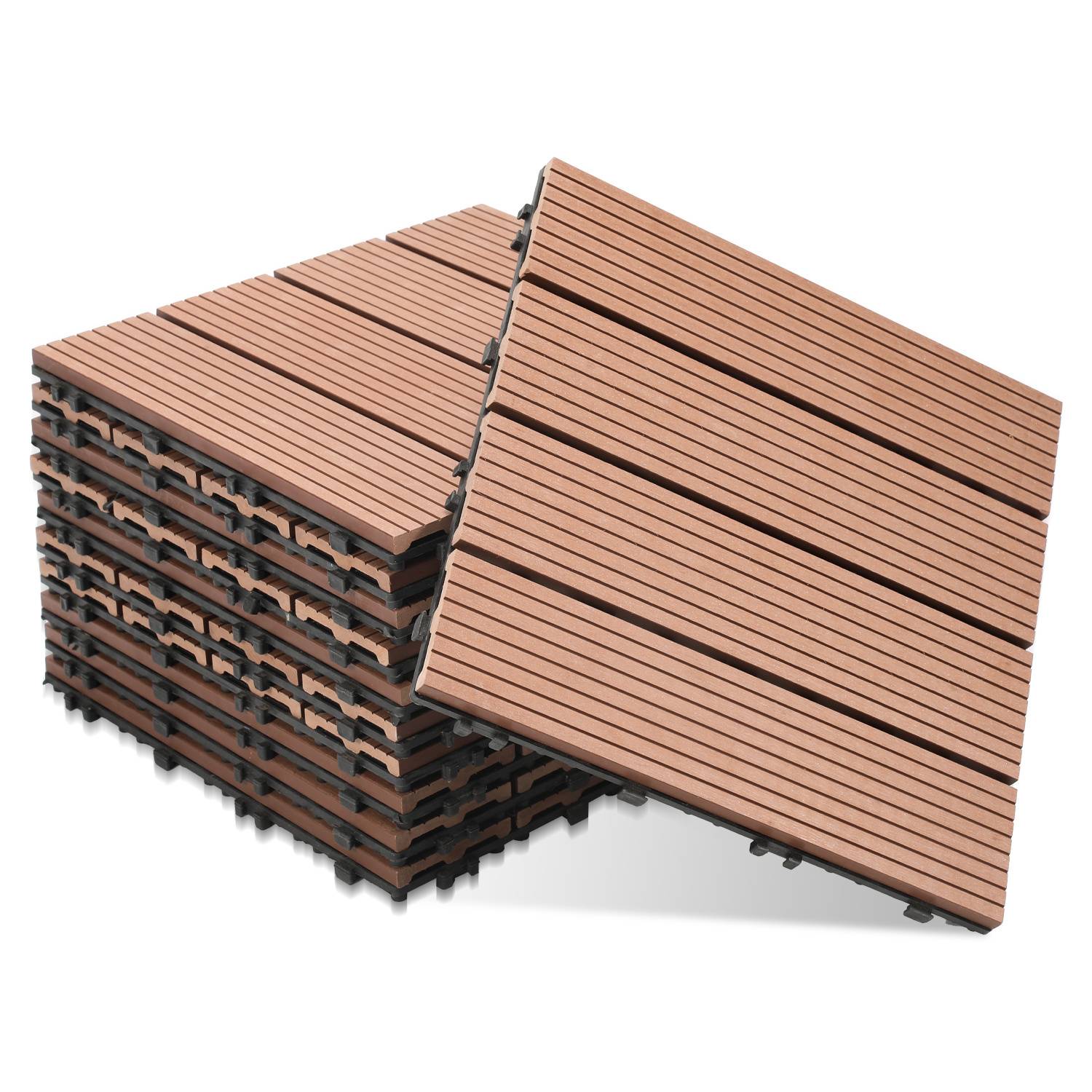 Terrassenfliesen Braun 11 Stück (1m²) Klickfliesen in Holzoptik, WPC Fliese，30 x 30cm