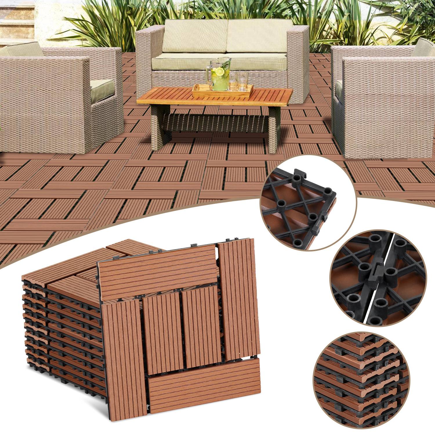 WPC Terrassenfliesen 66er Spar Set für 6m², 30x30 cm, Braun in Holzoptik, für Garten Balkon Bodenbelag mit Drainage und Klicksystem