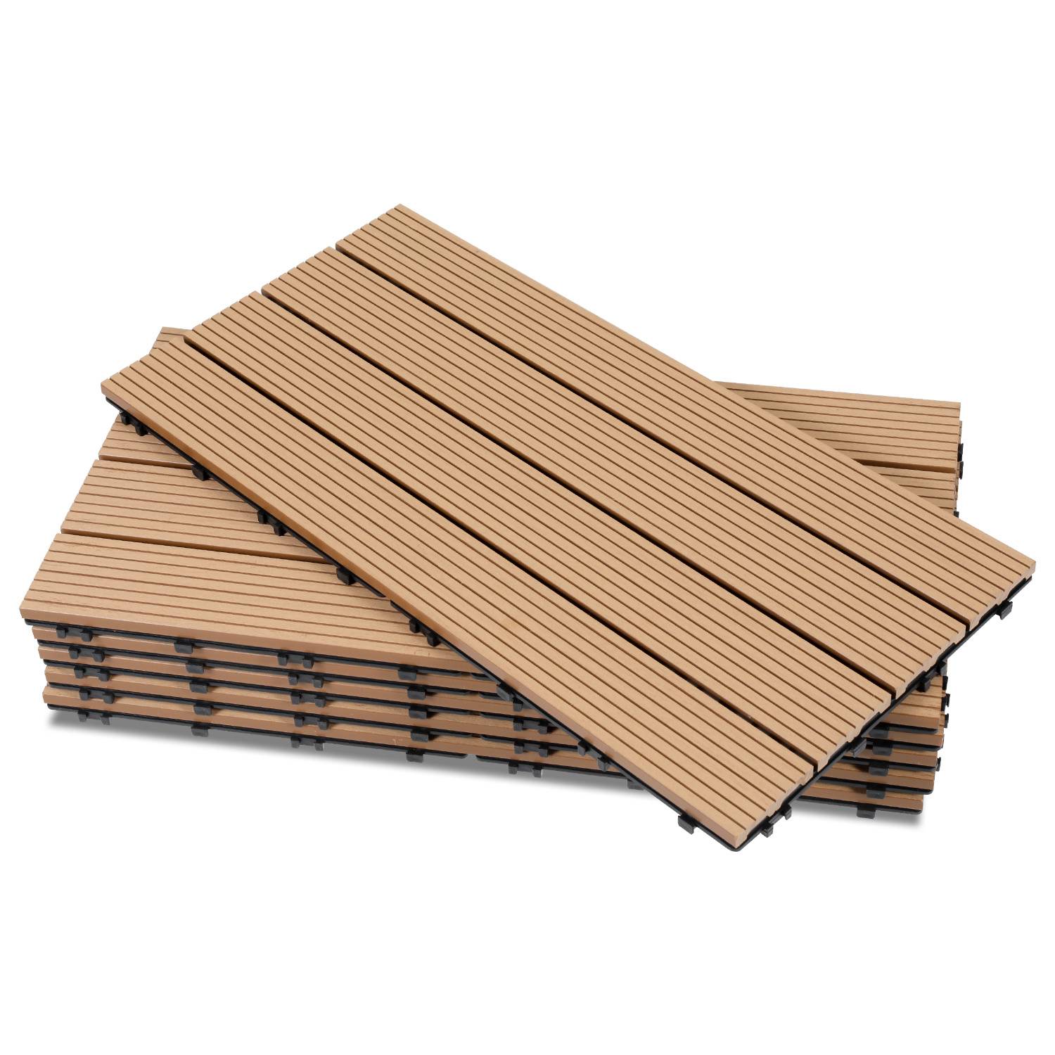 6er Set WPC Terrassenfliesen für Garten, 4 Lamellen, 30 × 60 cm, Klicksystem, Holz-Kunststoff-Verbund in Teakoptik