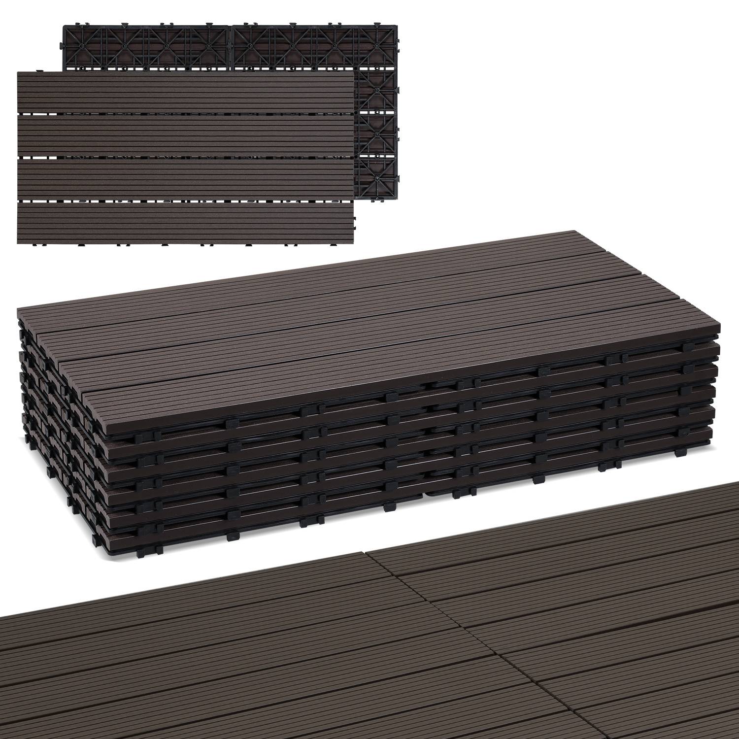 6er Set WPC Terrassenfliesen für Garten Balkon Bodenbelag, 4 Lamellen, 30 × 60 cm, Klicksystem, Kaffee braun