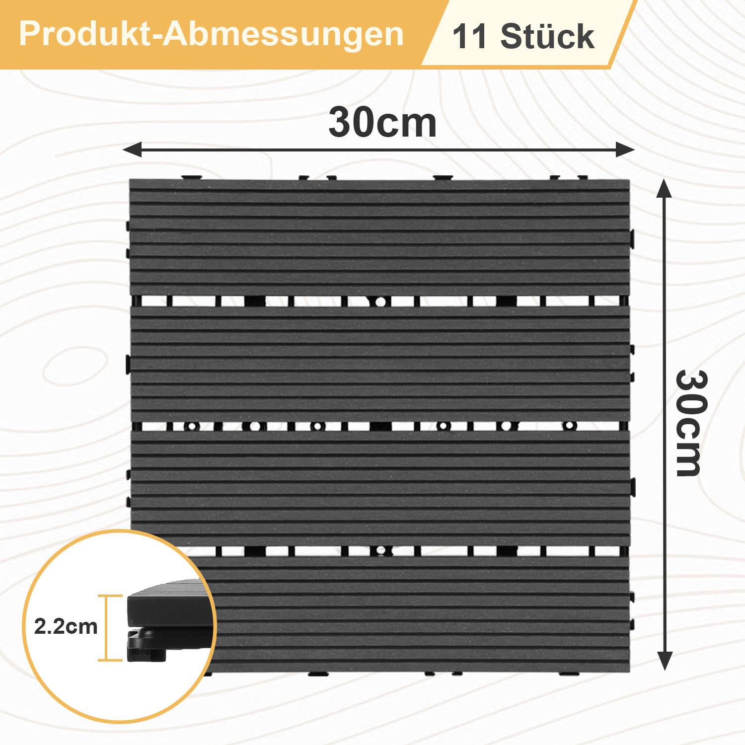 Terrassenfliesen 7m² Holzfliesen für Terrasse Balkon Terrassenfliesen Holz Fliesen mit Klicksystem 30x30 cm 77 Stück Anthrazit