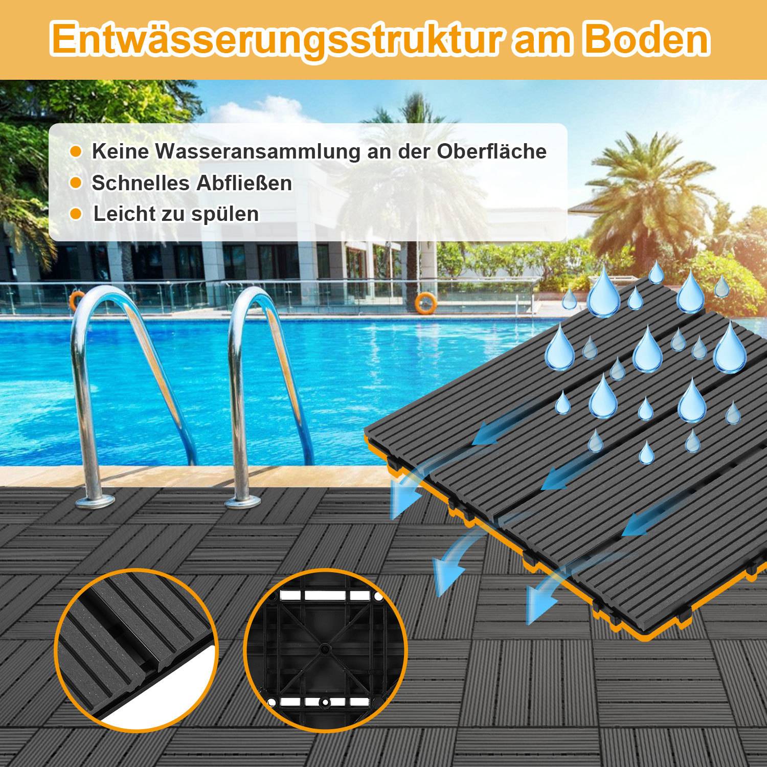 Terrassenfliesen 7m² Holzfliesen für Terrasse Balkon Terrassenfliesen Holz Fliesen mit Klicksystem 30x30 cm 77 Stück Anthrazit
