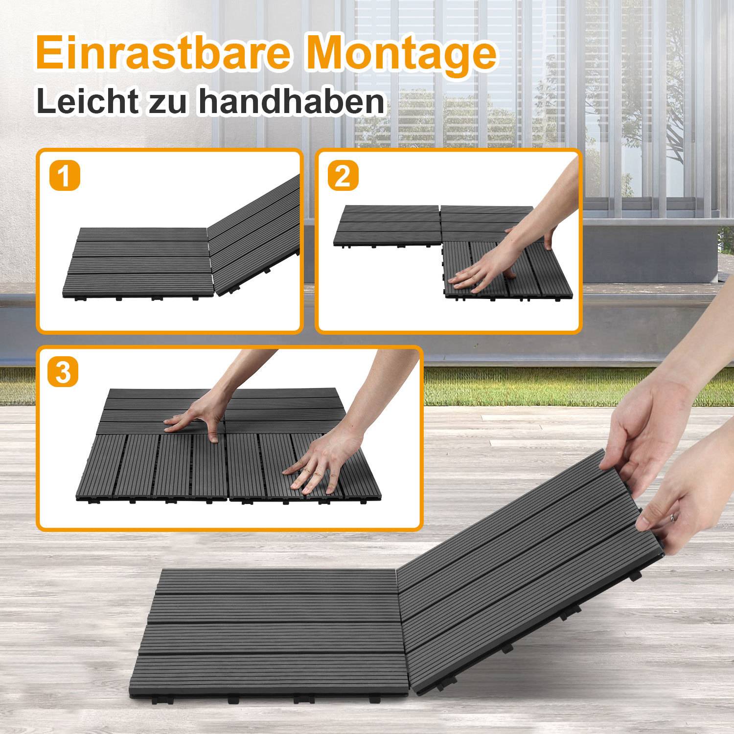 Terrassenfliesen 1m² Holzfliesen für Terrasse Balkon Terrassenfliesen Holz Fliesen mit Klicksystem 30x30 cm 11 Stück Anthrazit