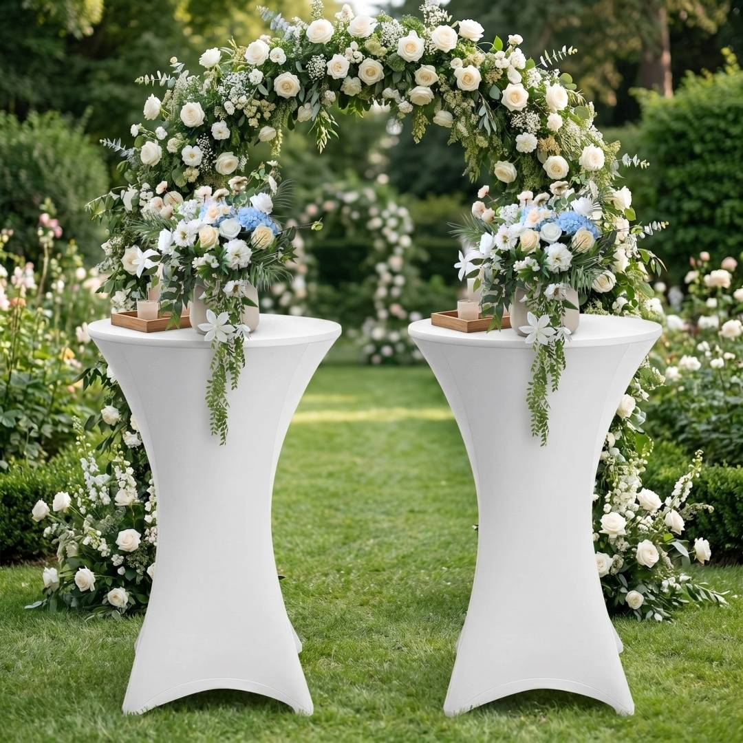 2× Elastische Stehtischhusse Ø 70×110 cm, Weiß – Stretch Bistrotisch Husse für Hochzeit & Messe