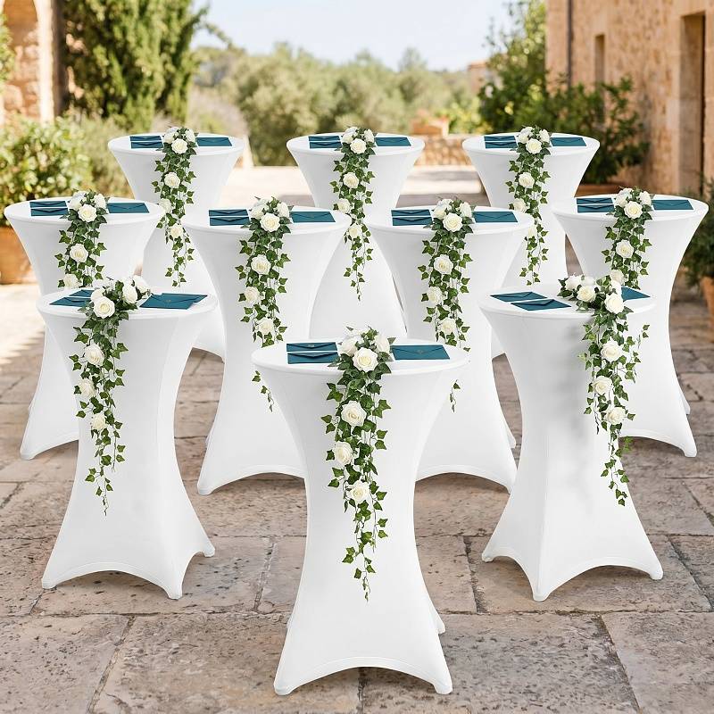 10er Set Stehtischhusse Stretch Weiß – Elastische Husse für Bistrotisch Ø 80–85 × 110 cm mit 4 Fußlaschen