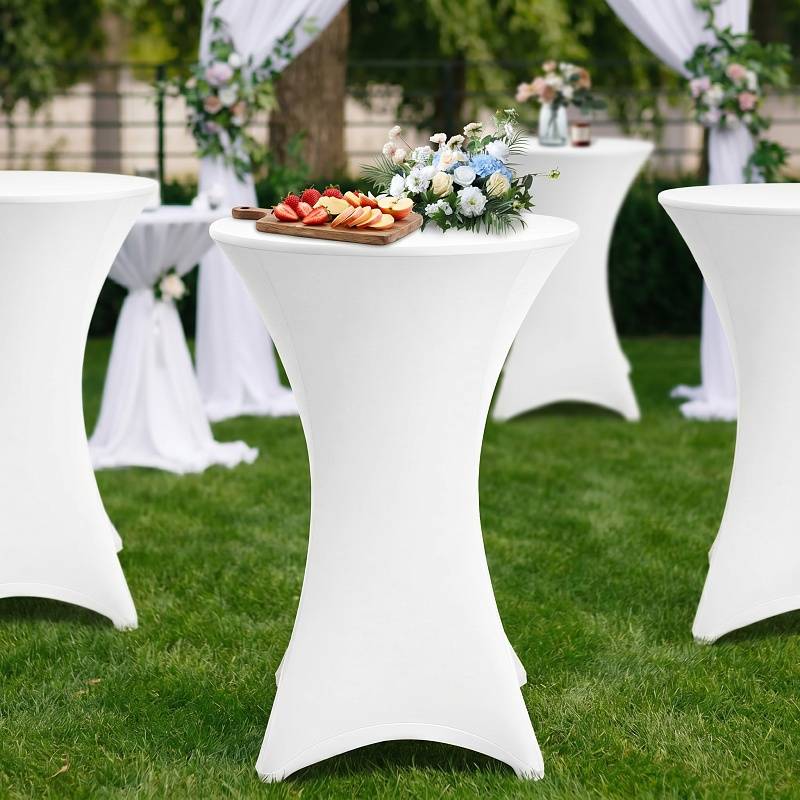 10er Set Stehtischhusse Stretch Weiß – Elastische Husse für Bistrotisch Ø 80–85 × 110 cm mit 4 Fußlaschen