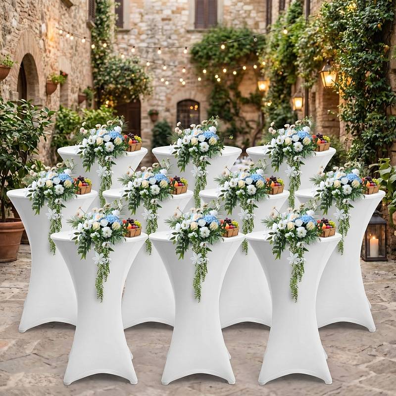 10× Stehtischhusse Stretch Weiß Ø 60×110 cm – Elastischer Bistrotisch Überzug für Events & Feiern