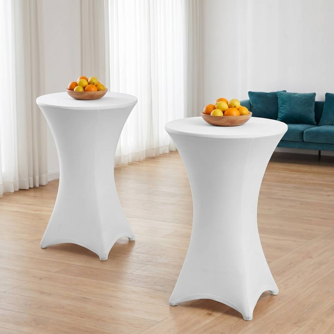 2× Elastische Stehtischhusse Ø 70×110 cm, Weiß – Stretch Bistrotisch Husse für Hochzeit & Messe