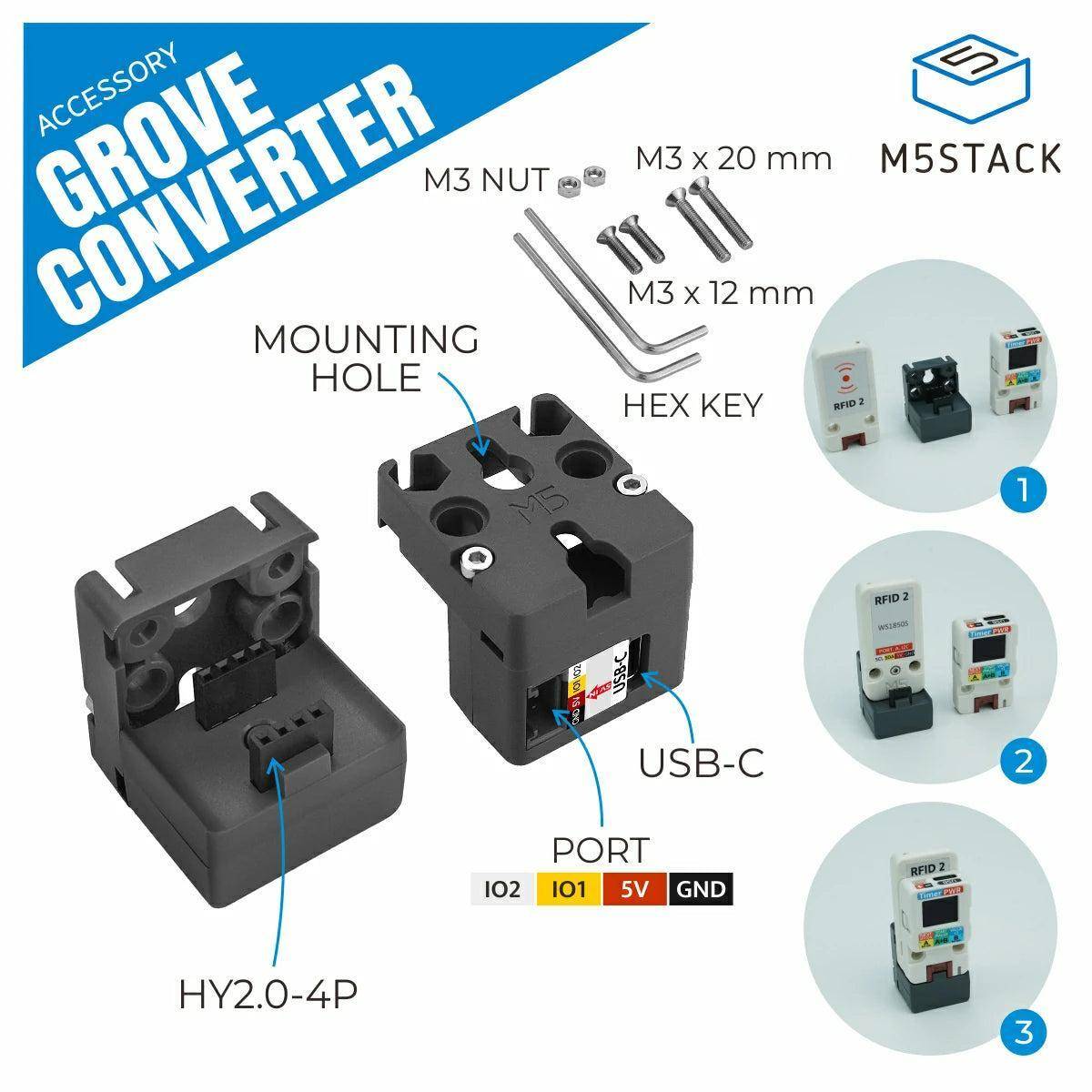 M5Stack Grove 2-to-1 Converter mit USB-C, 2x HY2.0 4P, 1x HY2.0 4P, Überstromschutz, 5V