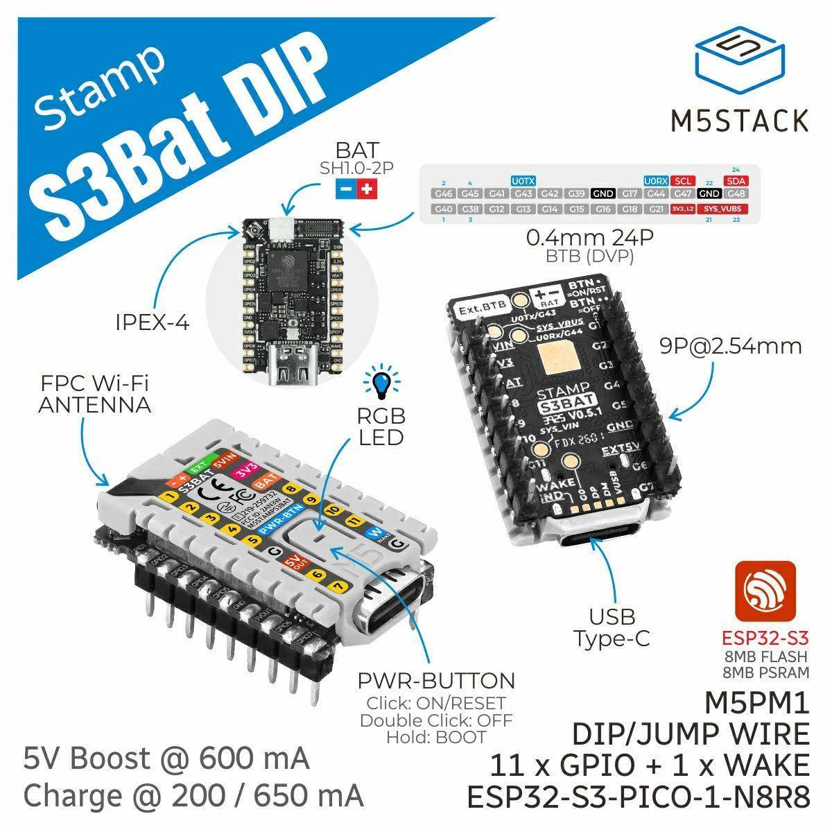 M5StampS3 BAT Module mit 2.54 Header Pin, ESP32 S3, 8MB Flash, 8MB PSRAM, WiFi