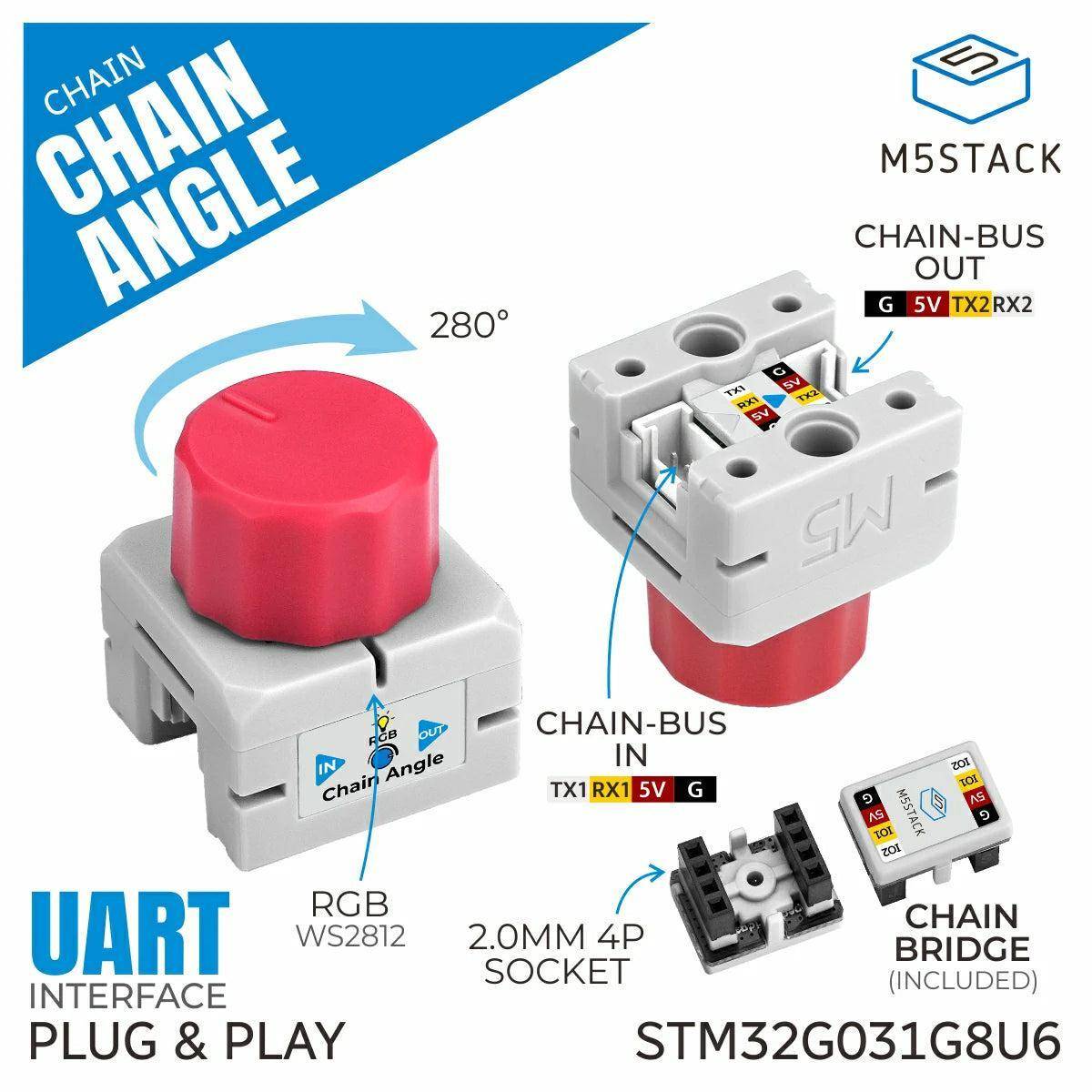 M5Stack Chain-Angle-Eingabemodul, STM32G031, Potentiometer, 12 Bit, RGB LED, UART, 2 x HY2.0-4, 5V