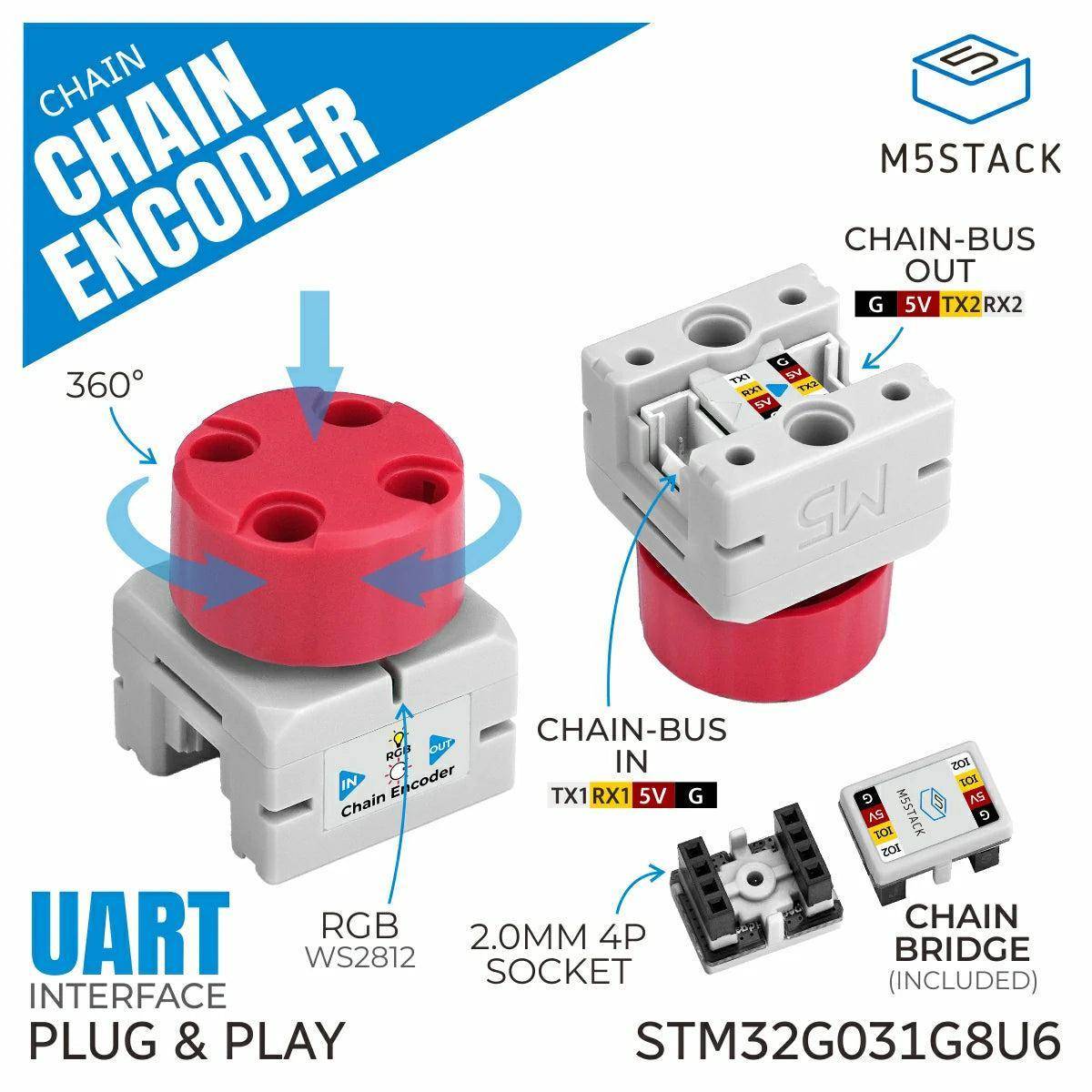 M5Stack Chain-Encoder-Eingabemodul, STM32G031, Drehgeber, Taster, RGB LED, UART, 2 x HY2.0-4P, 5V