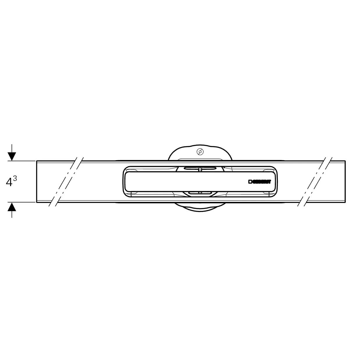 Technische Liniendarstellung eines Türgriffs zentriert auf einem horizontalen rechteckigen Panel, mit einer Messung von 4'3 auf der linken Seite.