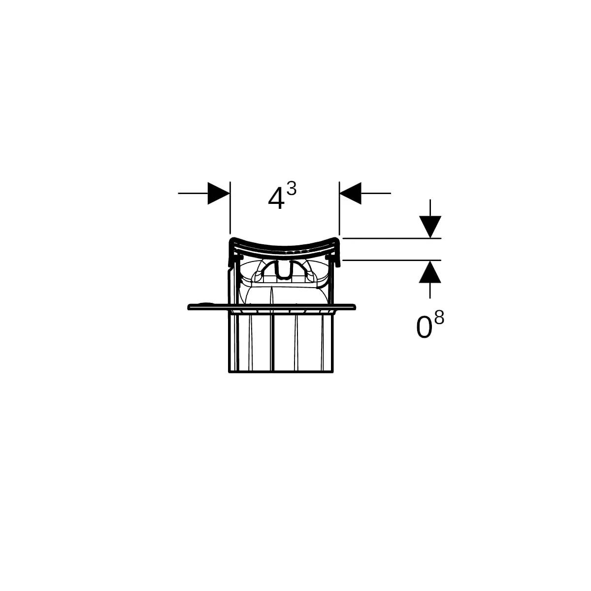 Technisches Diagramm einer kleinen Komponente mit Abmessungspfeilen, die eine Breite von 4 3/8 Zoll und eine vertikale Messung von 0 8 Zoll anzeigen.