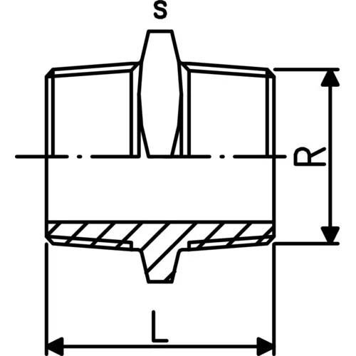 Technisches Querschnittdiagramm eines konischen Maschinenbauteils mit den Beschriftungen S, R und L sowie Bemaßungspfeilen für Oberbreite, Höhe und Basislänge.