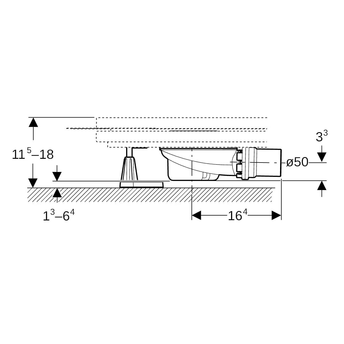 Seitenansicht-Technisches Installationsdiagramm mit einer wandmontierten Toilette oder einem Objekt mit Beschriftungen der Abmessungen für Höhe, Tiefe und Rohrgröße von 50 mm.