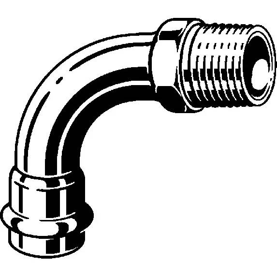 Schwarz-Weiß-Illustration einer 90-Grad-Metallrohr-Kniestück-Armatur mit Gewinde-Außenende und Kupplung am anderen Ende.