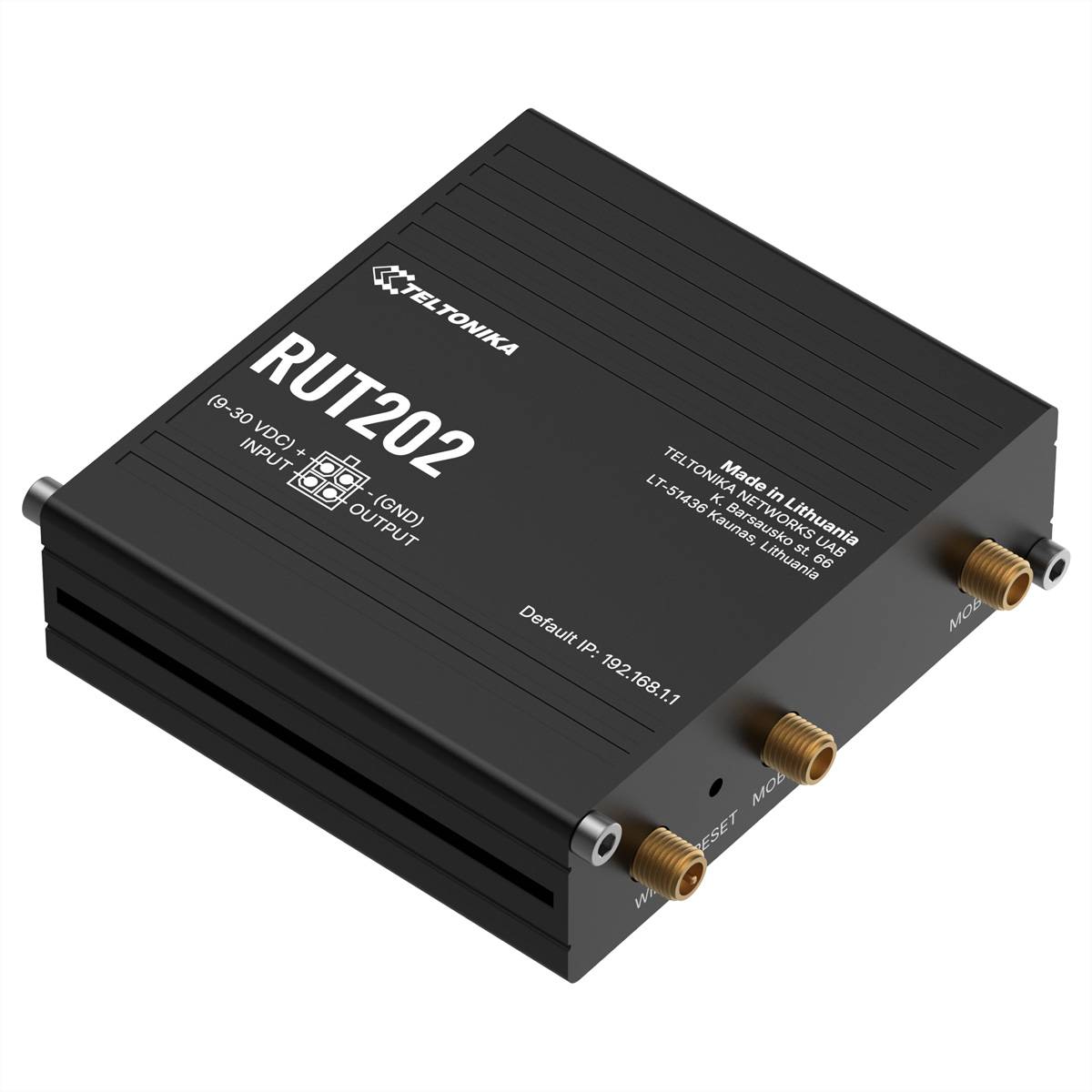 Schwarzer Teltonika RUT202 Industrial-Router/Modem mit mehreren Antennenanschlüssen, gezeigt in Produktansicht auf weißem Hintergrund.
