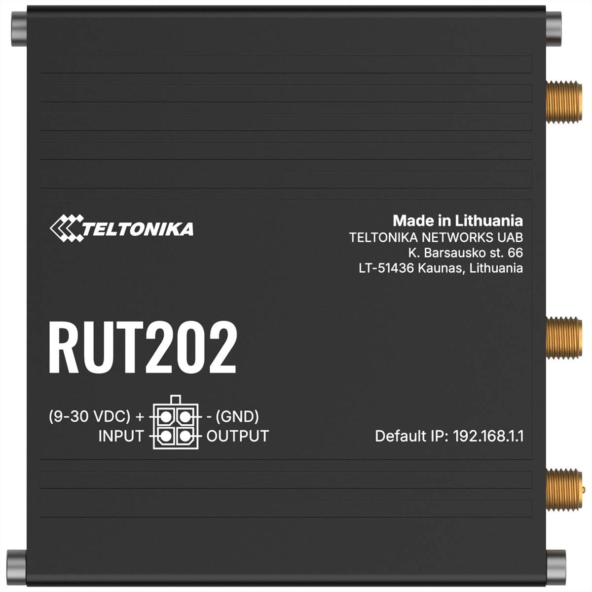Teltonika RUT202 Industrie-Router-Modem, zeigt Modellname, Stromeingangs-/Ausgangsdiagramm, Standard-IP 192.168.1.1 und drei Antennenstecker.