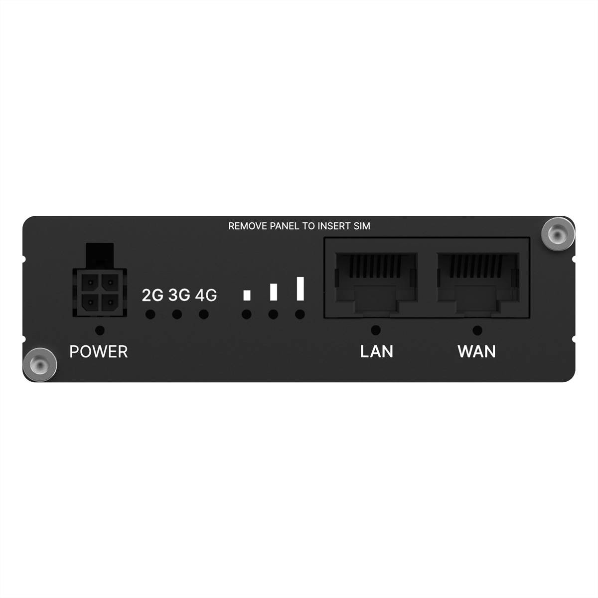 Frontplatte eines Routers/Modems mit Stromeingang, SIM-Kartenschacht-Abdeckung, 2G/3G/4G-Signalanzeigen sowie LAN- und WAN-Anschlüssen.