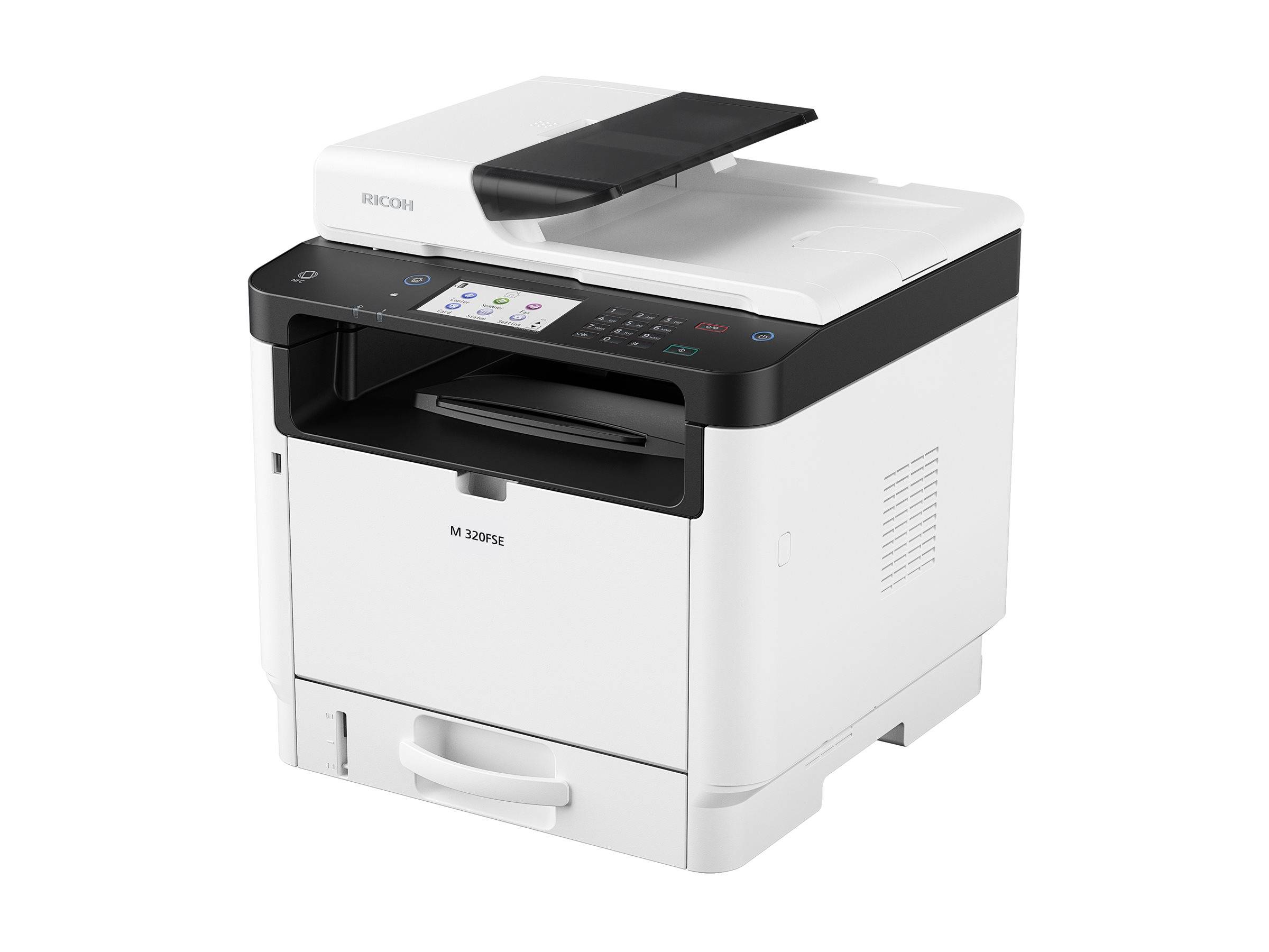 Weißer Multifunktionsdrucker mit Scannaufsatz, Bedienfeld und vorderer Papierkassette auf neutralem Hintergrund.